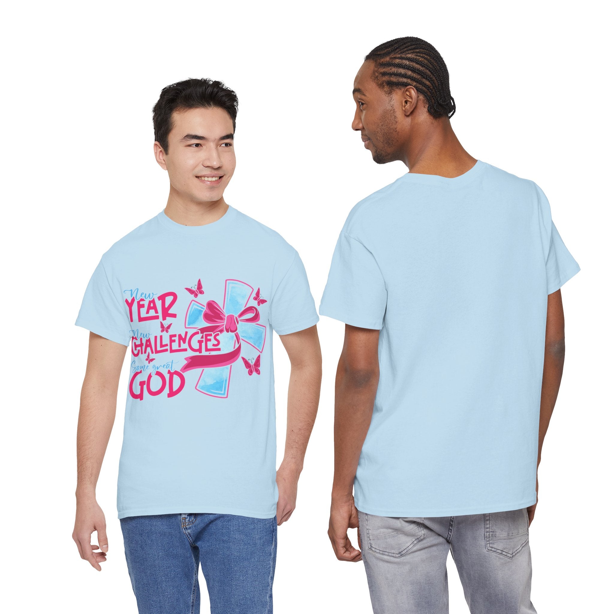 Christian T-Shirt — “New Year, New Challenges, Same Great God” with Pink Bow Cross & Butterflies. Unisex Cotton Tee