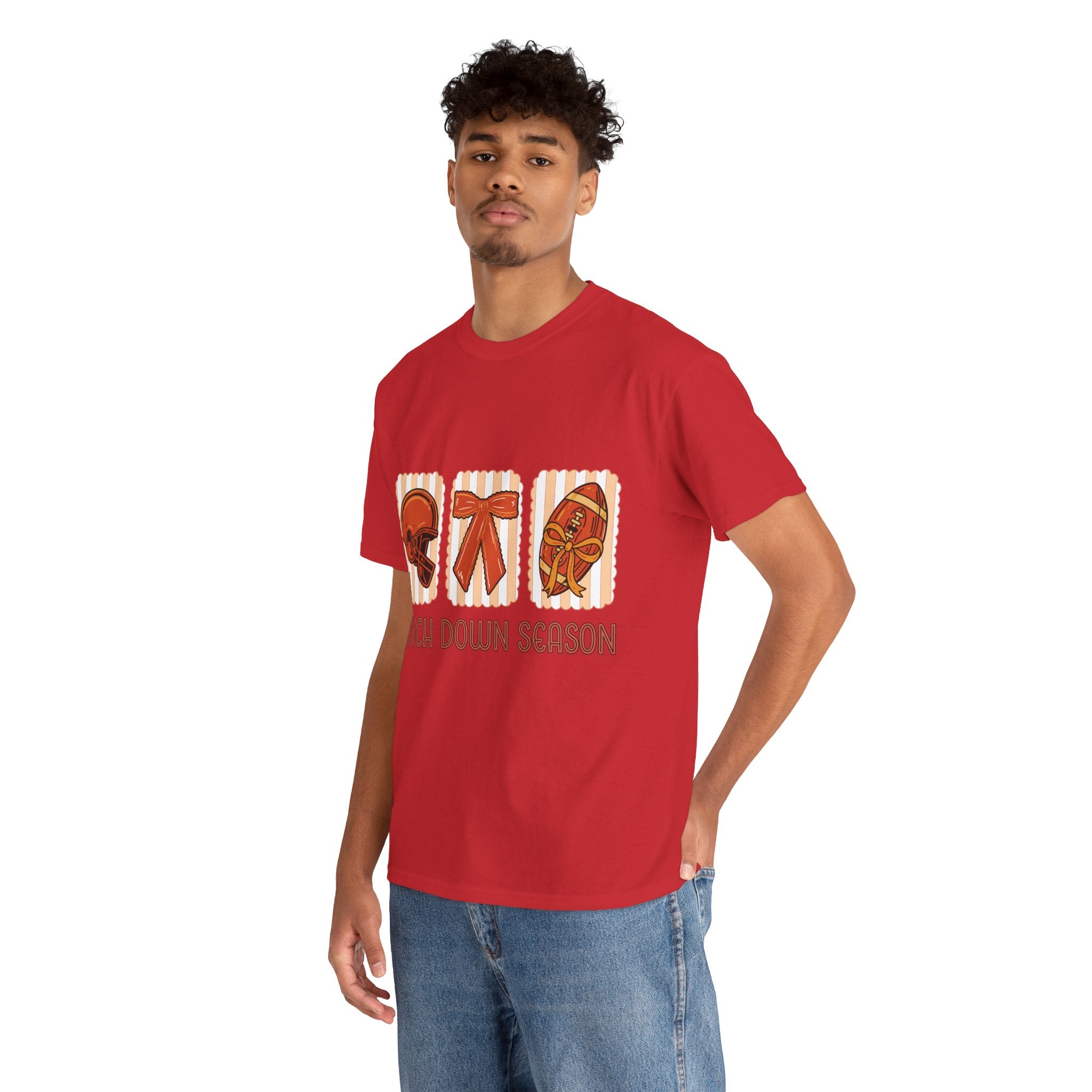 Touch Down Season Football Tee — Striped Fall Helmet & Bow Design Unisex Cotton Tee