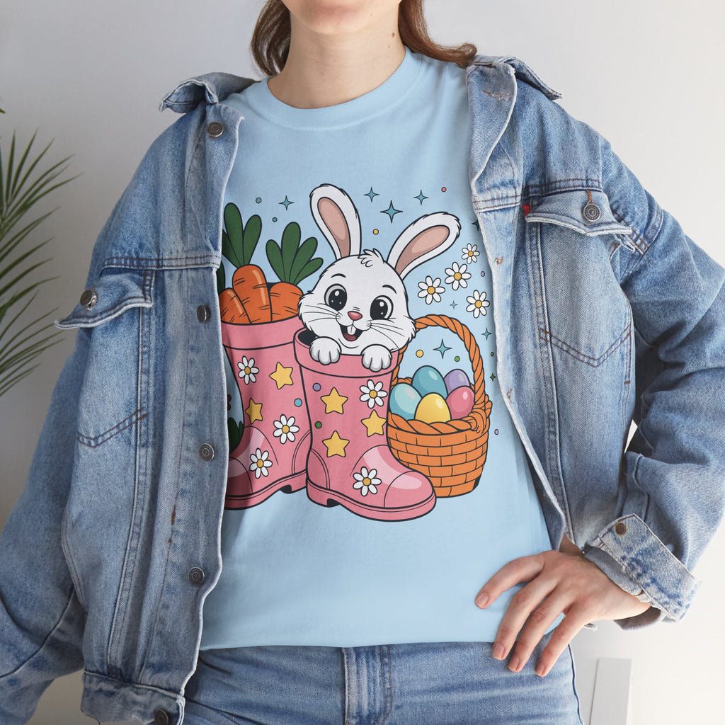 Easter Bunny in Pink Rain Boots T-Shirt — Cartoon Bunny, Carrots & Colorful Eggs Unisex Cotton Tee