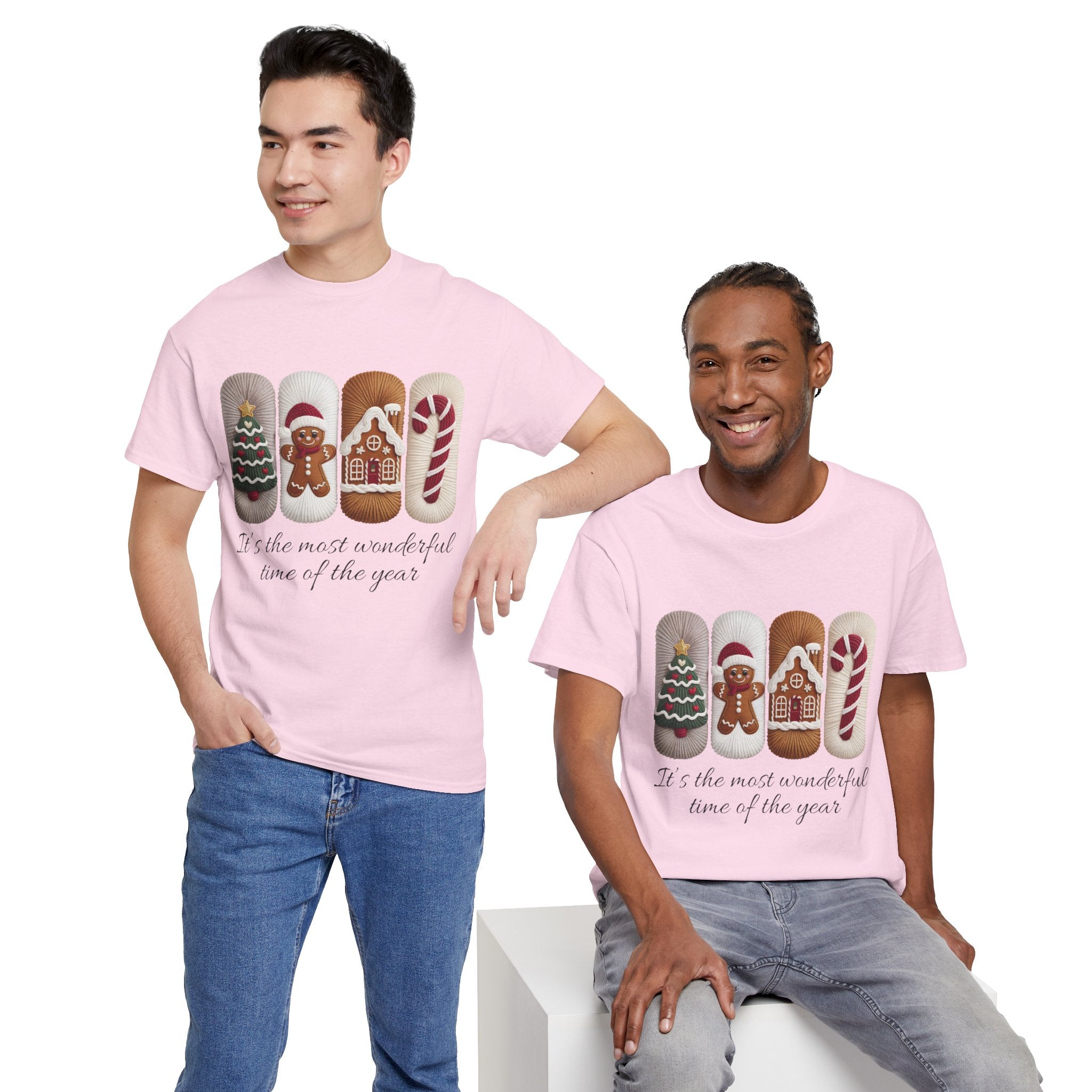 Christmas Faux-Yarn Tree Tee — Gingerbread House & Candy Cane Holiday Unisex Cotton T-Shirt