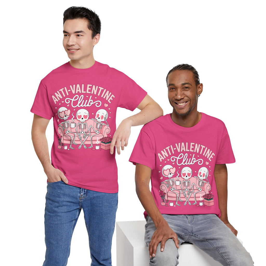Anti-Valentine Club Skeleton Tee — Anti-Romance Pink Couch Graphic Unisex Cotton T-Shirt