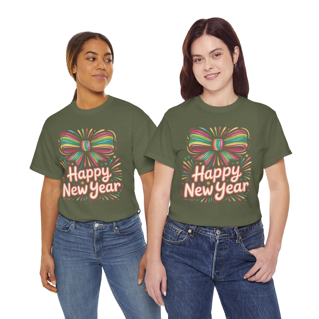 Happy New Year Pastel Tee — Rainbow Bow & Fireworks Celebration Unisex Cotton Tshirt