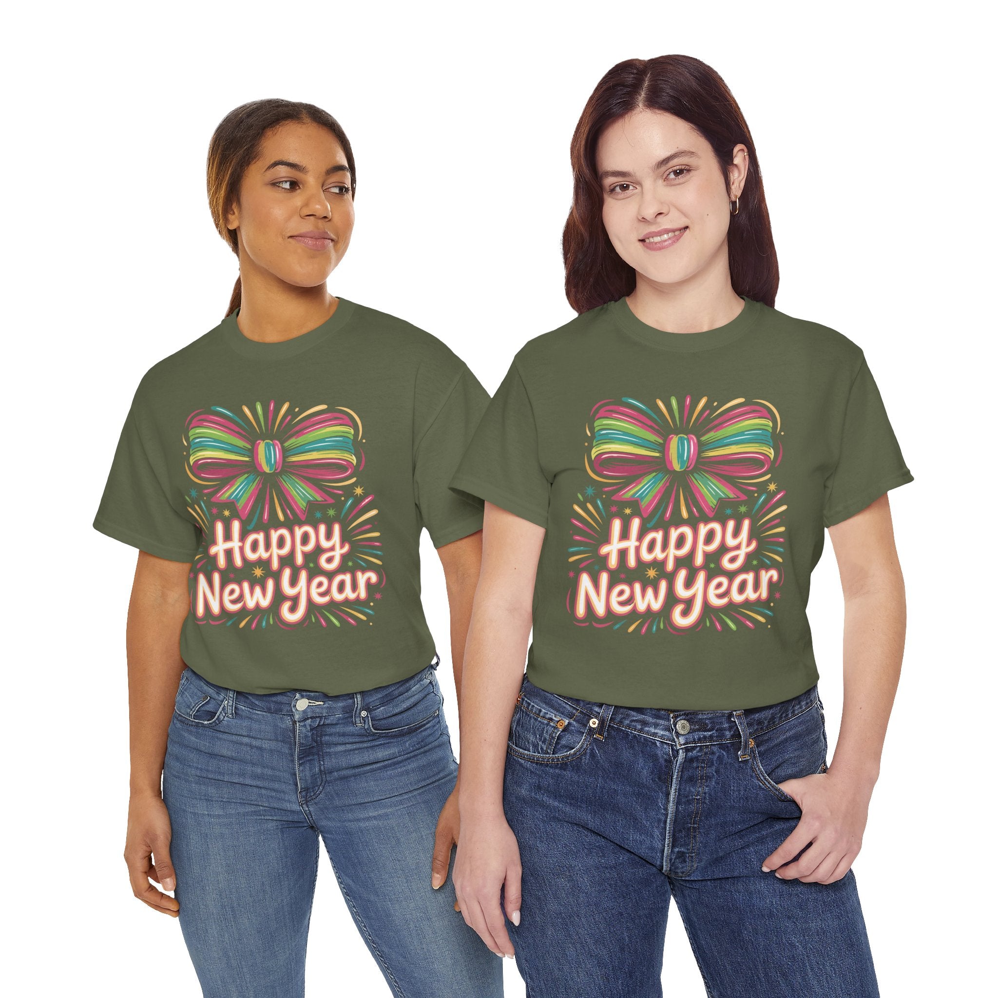 Happy New Year Pastel Tee — Rainbow Bow & Fireworks Celebration Unisex Cotton Tshirt