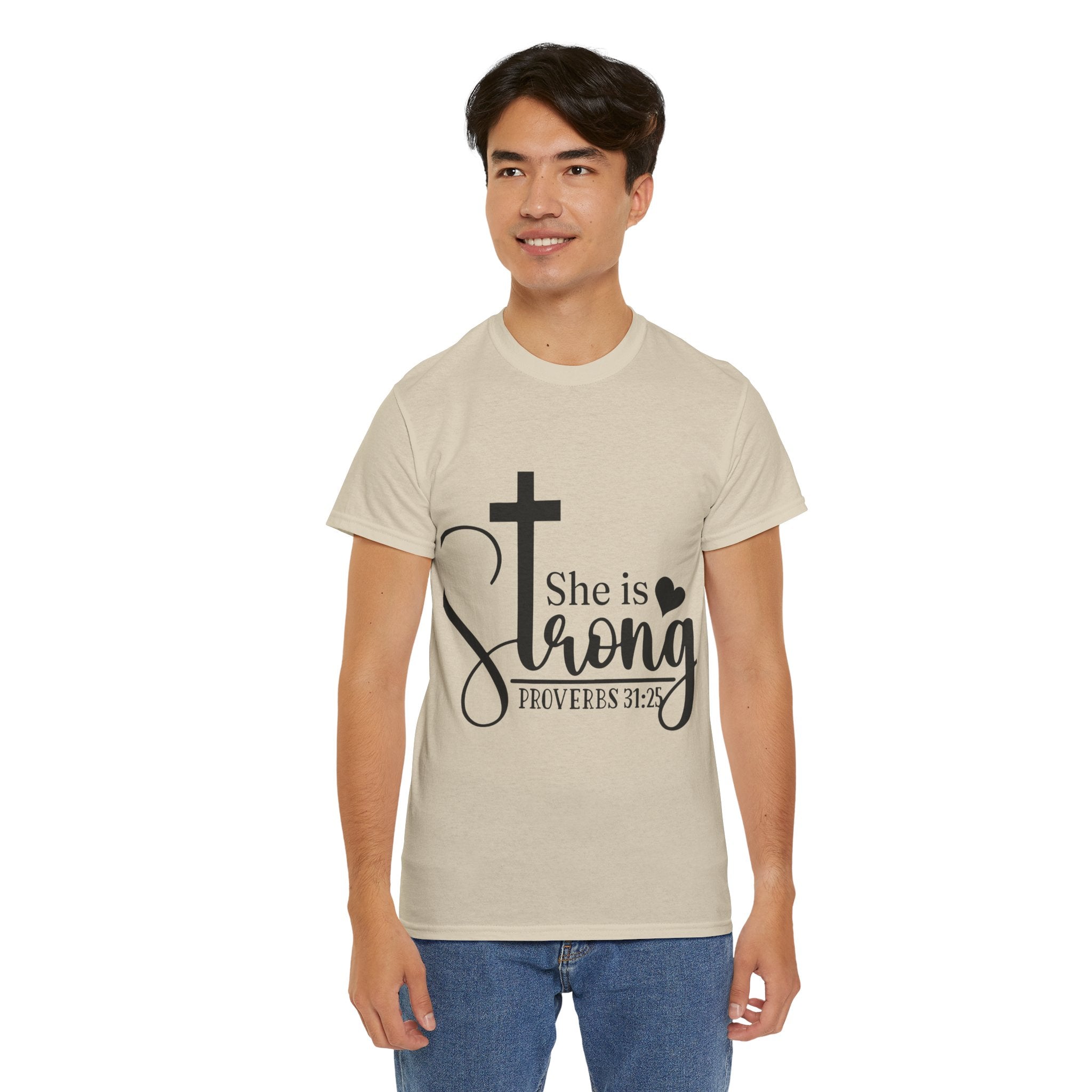 Proverbs 31:25 'She is Strong' T-Shirt – Christian Cross & Heart Unisex Cotton Tee