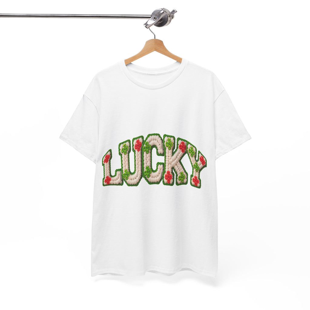 Lucky Crochet Clover T-Shirt — Faux-Yarn Embroidered St. Patrick’s Unisex Cotton Tee