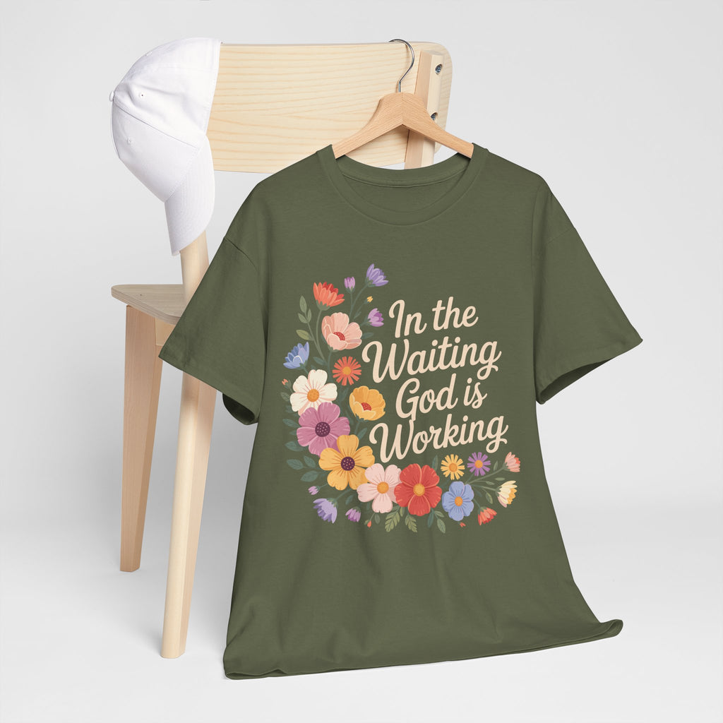 Pastel Floral “In the Waiting God Is Working” Unisex Cotton T-Shirt