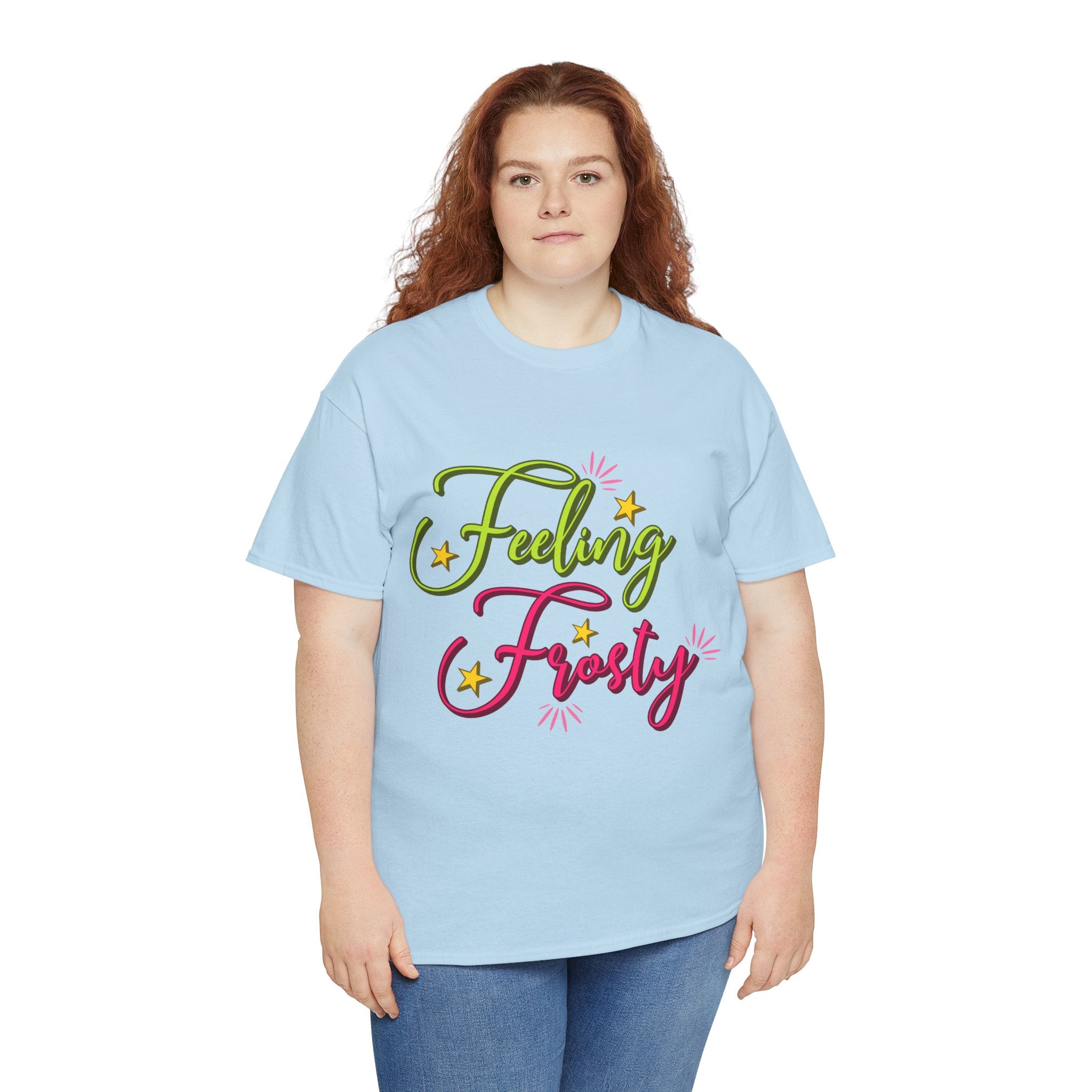 Feeling Frosty Holiday T-Shirt — Green & Pink Script Stars.Unisex Cotton Tee