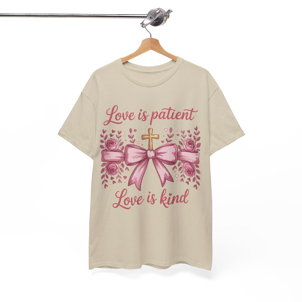 Christian Floral Tee — "Love is Patient, Love is Kind" Pink Rose Cross. Unisex Cotton Tee