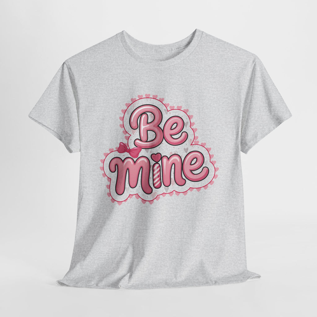 Be Mine Valentine T-Shirt — Pink Bubble Letters with Hearts & Bow..Unisex Cotton Tee