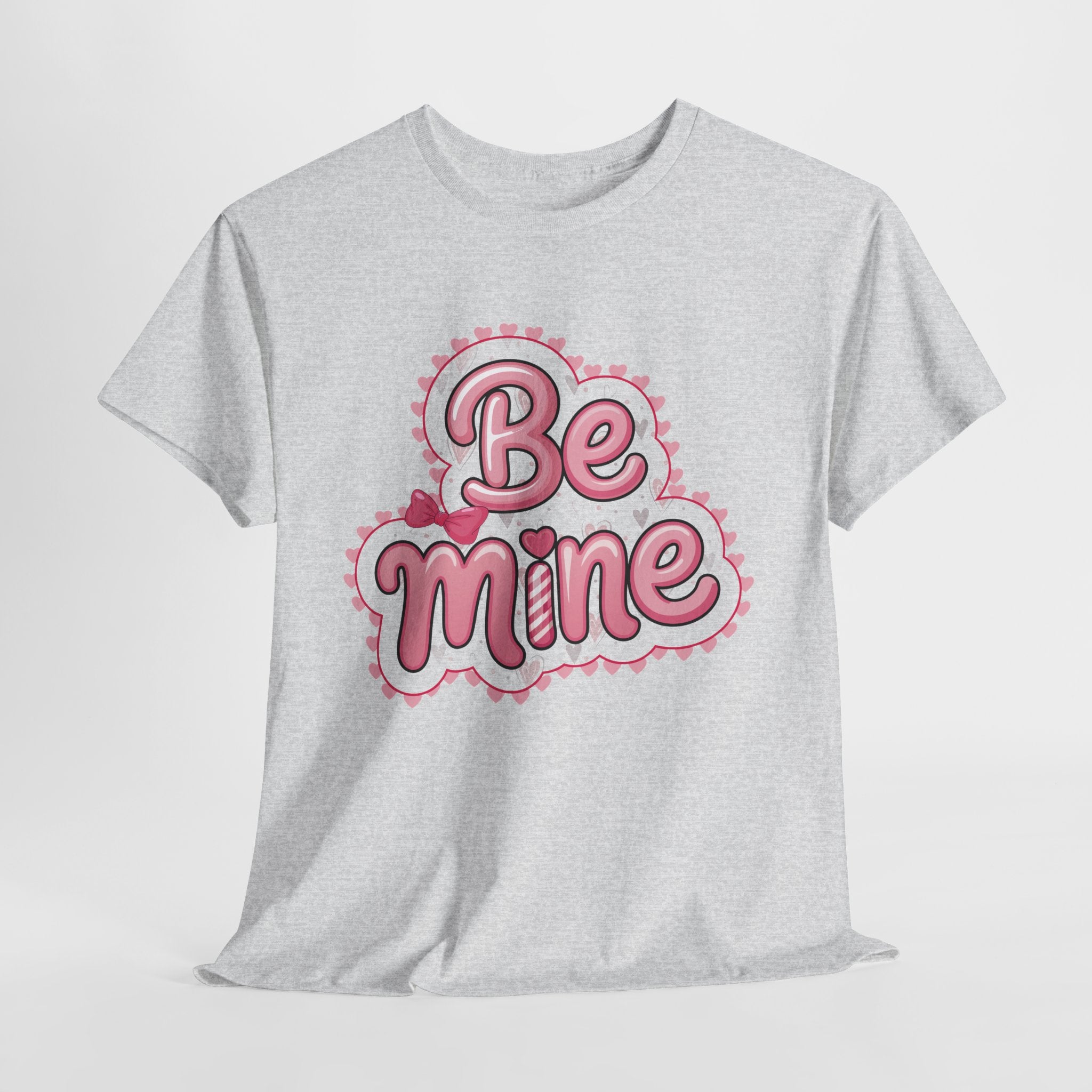 Be Mine Valentine T-Shirt — Pink Bubble Letters with Hearts & Bow..Unisex Cotton Tee