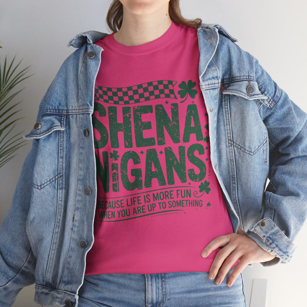 Shenanigans Clover Tee — Bright Green St. Patrick’s Day Shirt with Checkered Flag Unisex Cotton Tee
