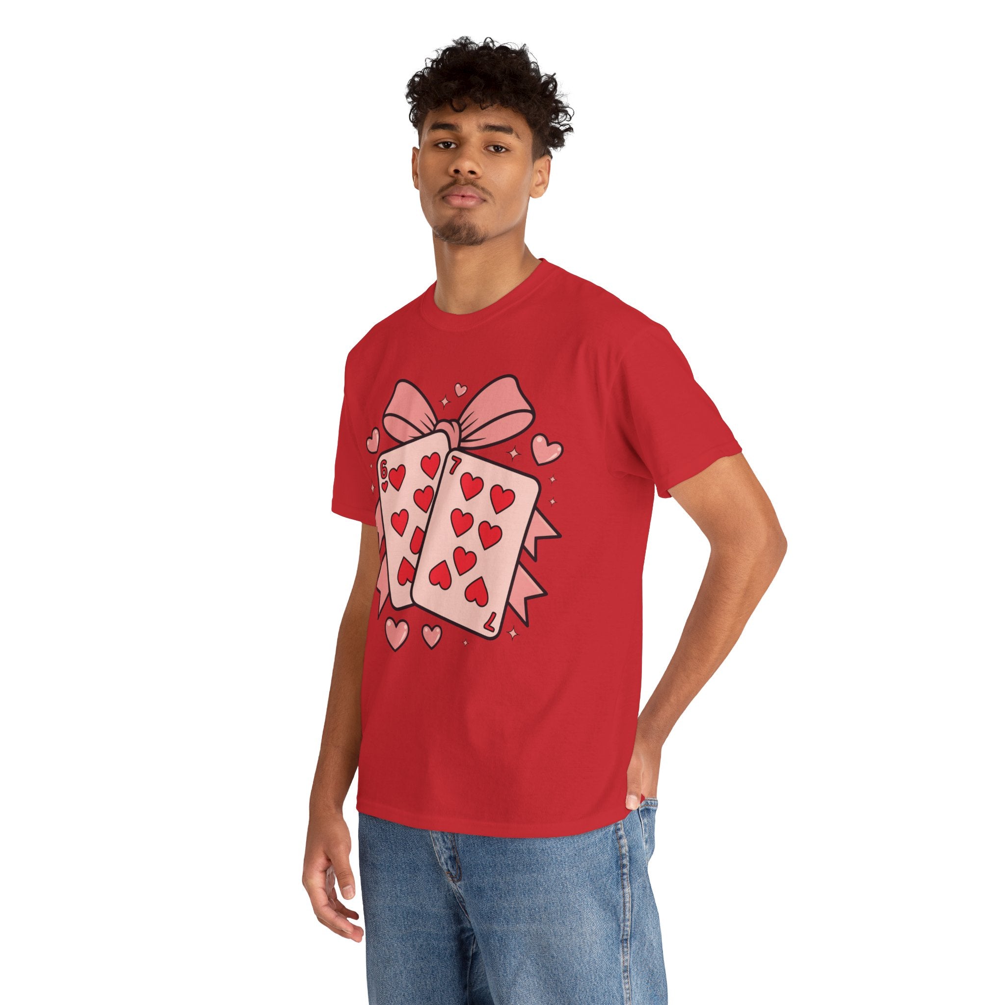 6 & 7 of Hearts T-Shirt — Paired Playing Cards with Pink Bow Unisex Cotton Tee
