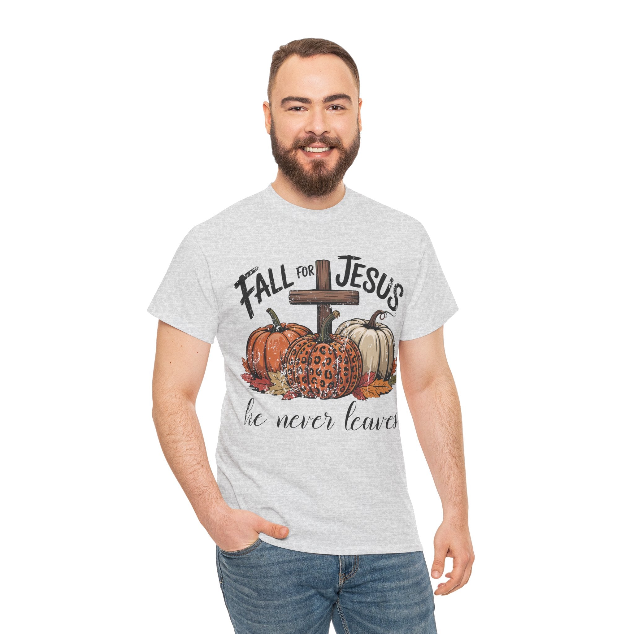 Fall for Jesus Pumpkin Cross Tee — "He Never Leaves" Autumn Christian Unisex Cotton T-Shirt