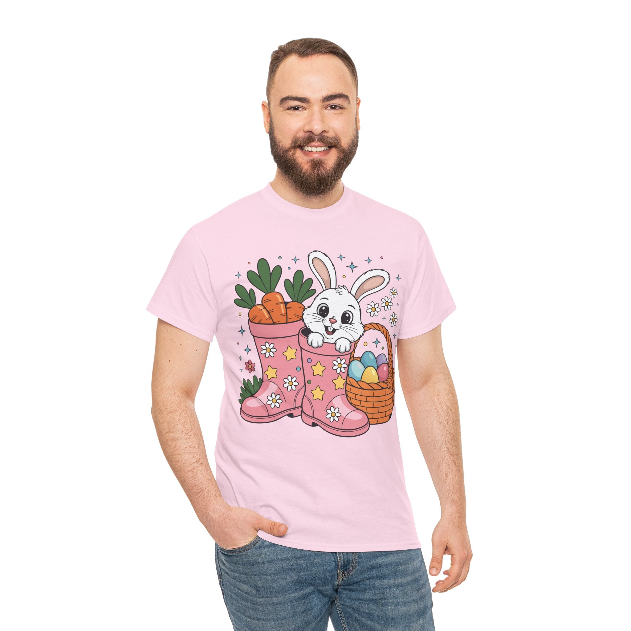 Easter Bunny in Pink Rain Boots T-Shirt — Cartoon Bunny, Carrots & Colorful Eggs Unisex Cotton Tee