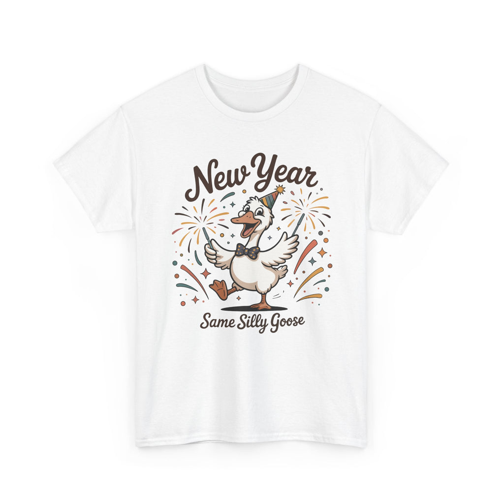 Happy Goose New Year T-Shirt — Party Hat, Fireworks & Confetti Unisex Cotton Tee