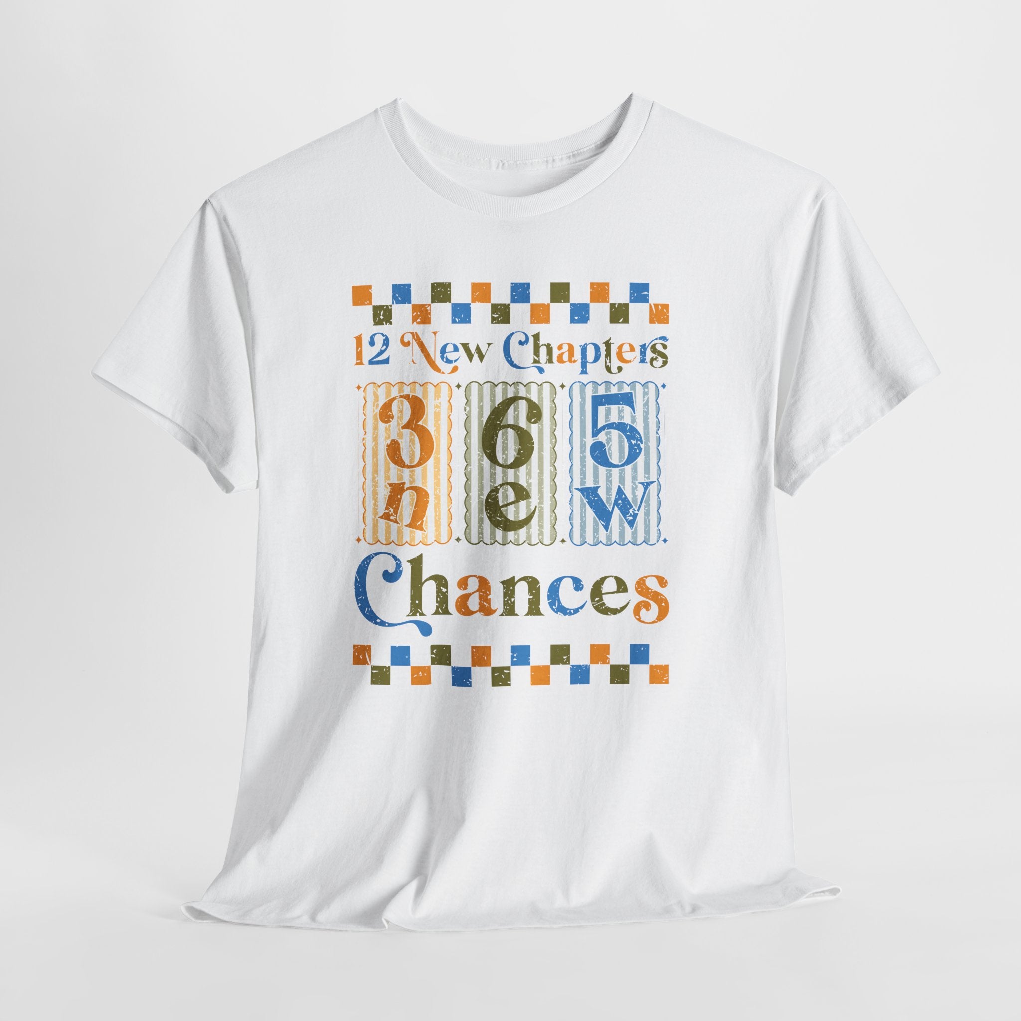 Retro '12 New Chapters, 365 New Chances' T-Shirt — Colorful Distressed Vintage Unisex Cotton Tee