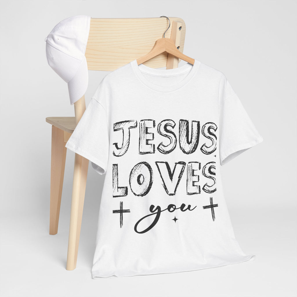 Jesus Loves You Chalk-Style Tee — Crosses & Stars Christian UNisex Cotton T-Shirt