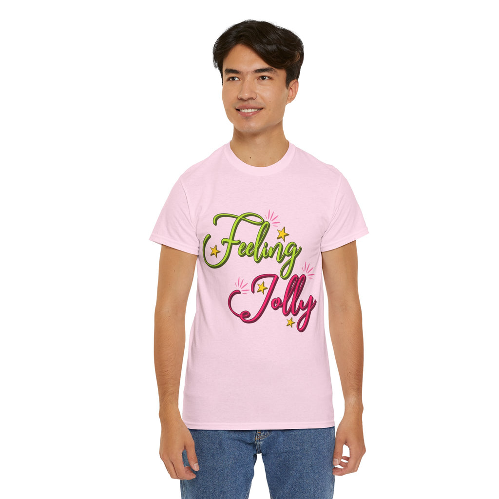 Feeling Jolly Tee — Festive Green & Pink Script with Yellow Stars Unisex Cotton Tee