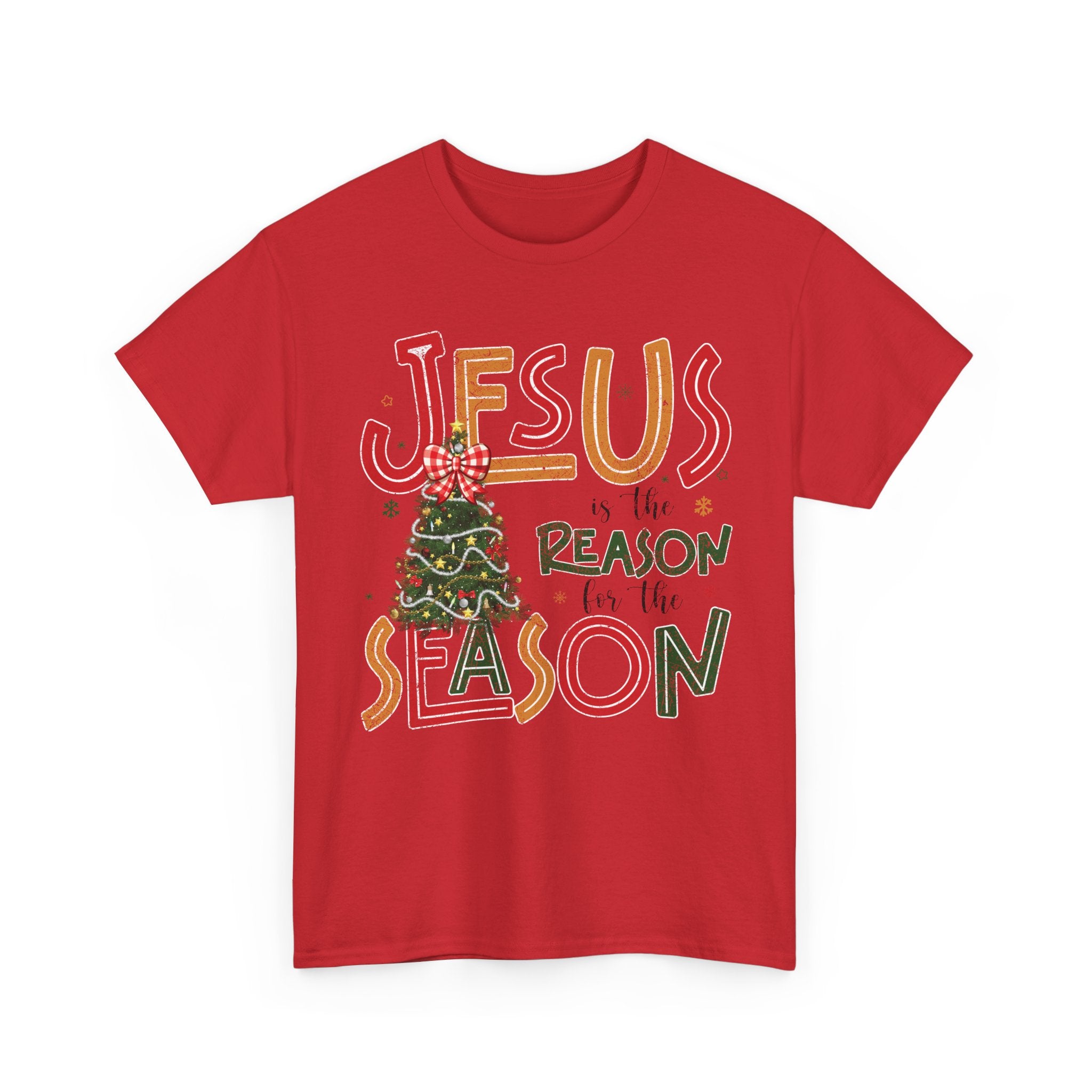 Jesus Is the Reason for the Season Christmas T-Shirt — Plaid Bow Tree..Unisex Cotton Tee