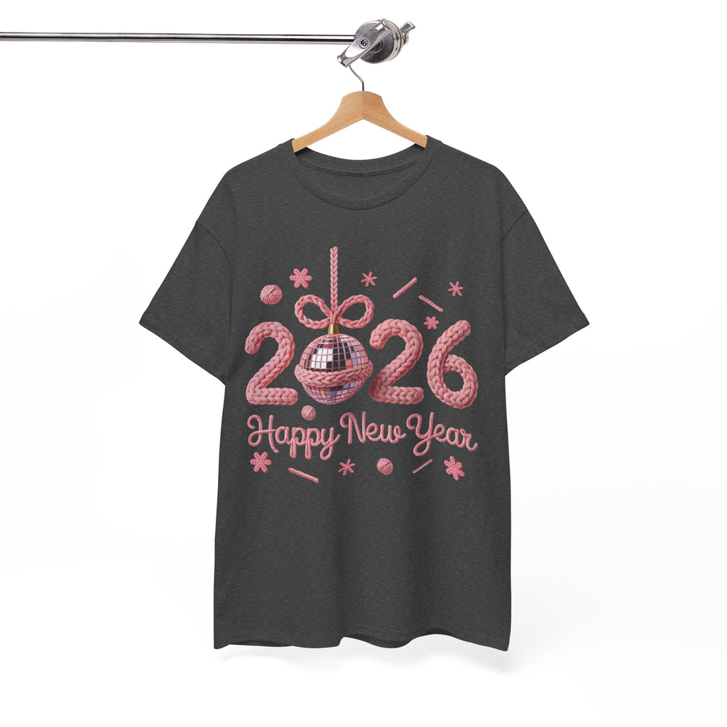 2026 Happy New Year Pink Knitted Disco Ball Unisex Cotton Tee