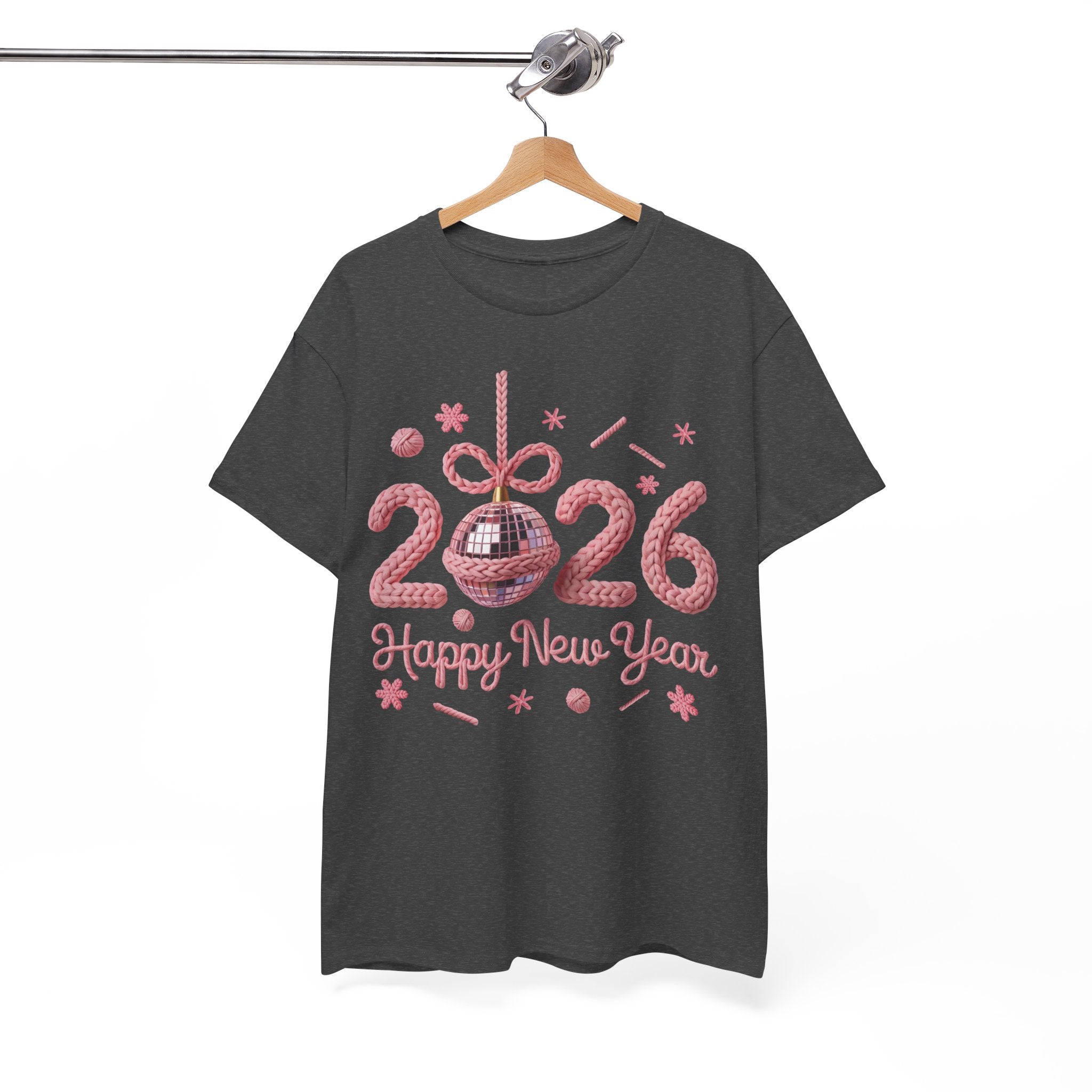 2026 Happy New Year Pink Knitted Disco Ball Unisex Cotton Tee
