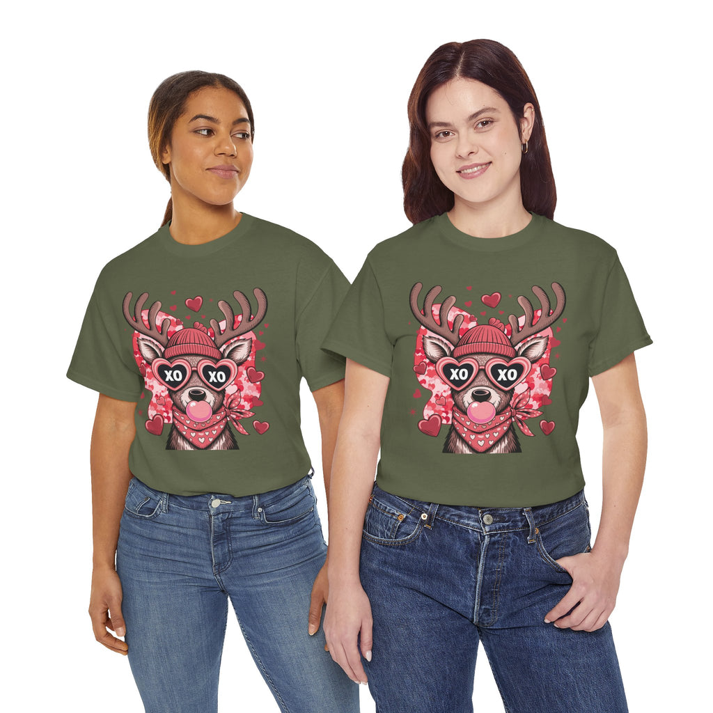 Valentine Deer Tee — Cute XO Heart Glasses, Beanie & Scarf Unisex Cotton Tshirt
