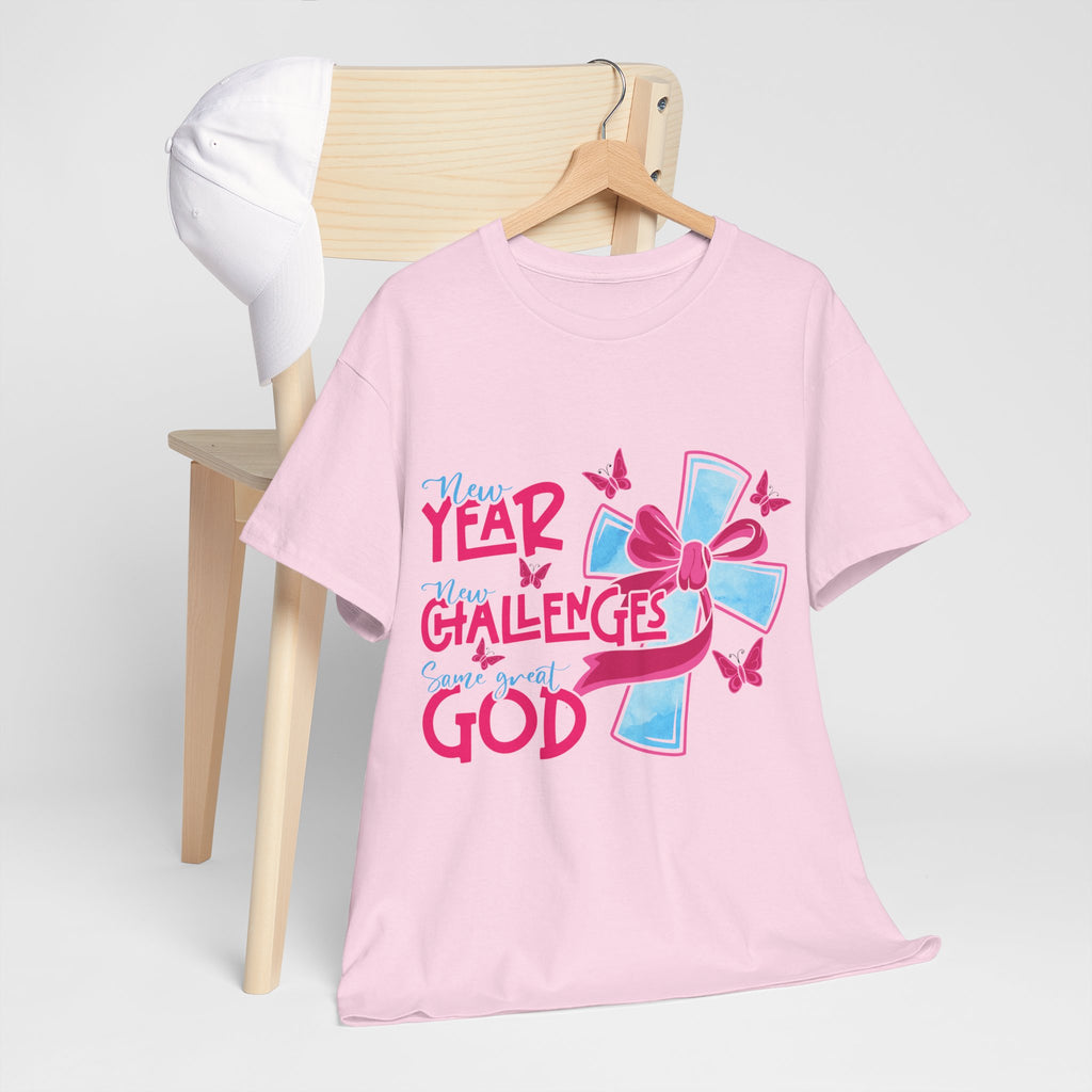 Christian T-Shirt — “New Year, New Challenges, Same Great God” with Pink Bow Cross & Butterflies. Unisex Cotton Tee