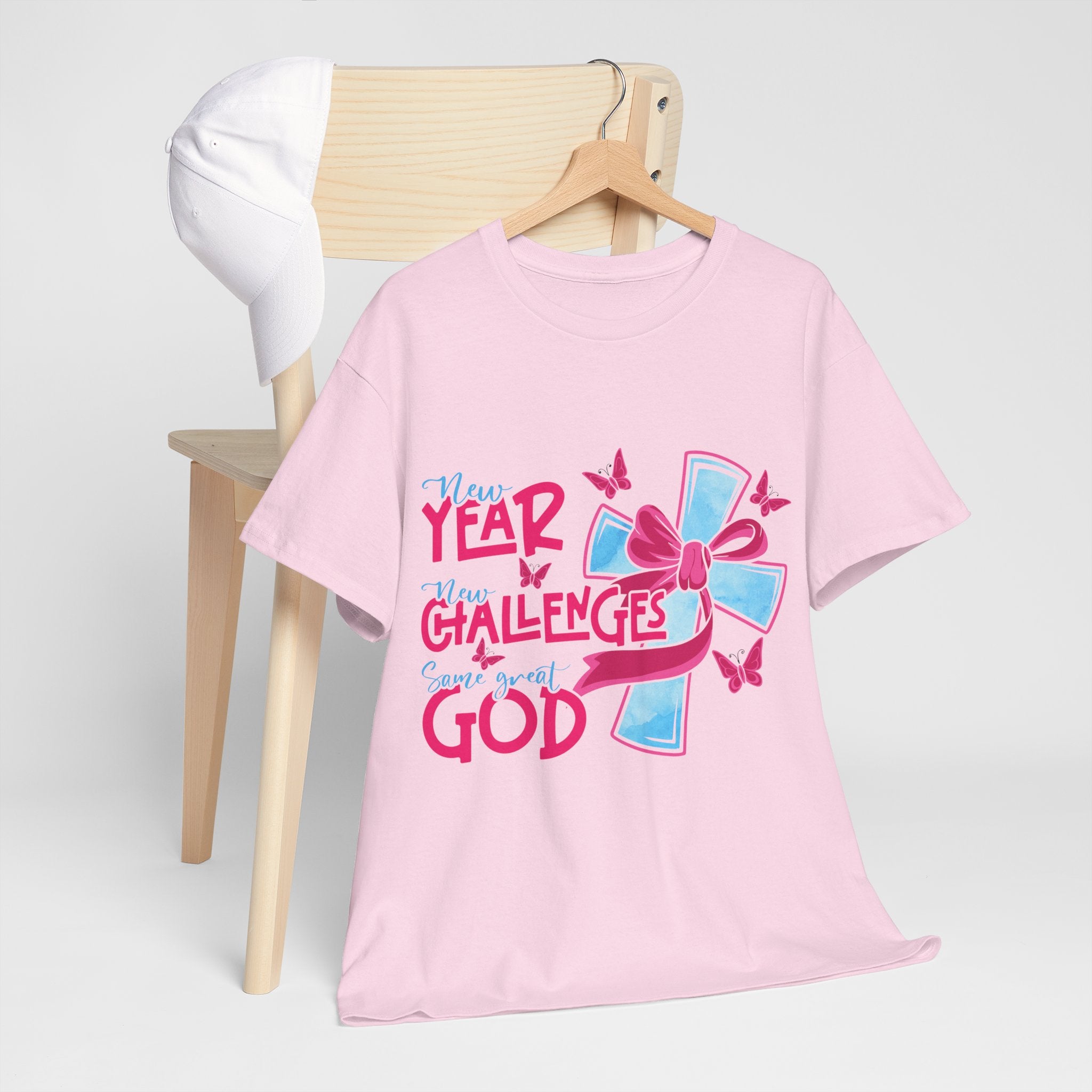 Christian T-Shirt — “New Year, New Challenges, Same Great God” with Pink Bow Cross & Butterflies. Unisex Cotton Tee