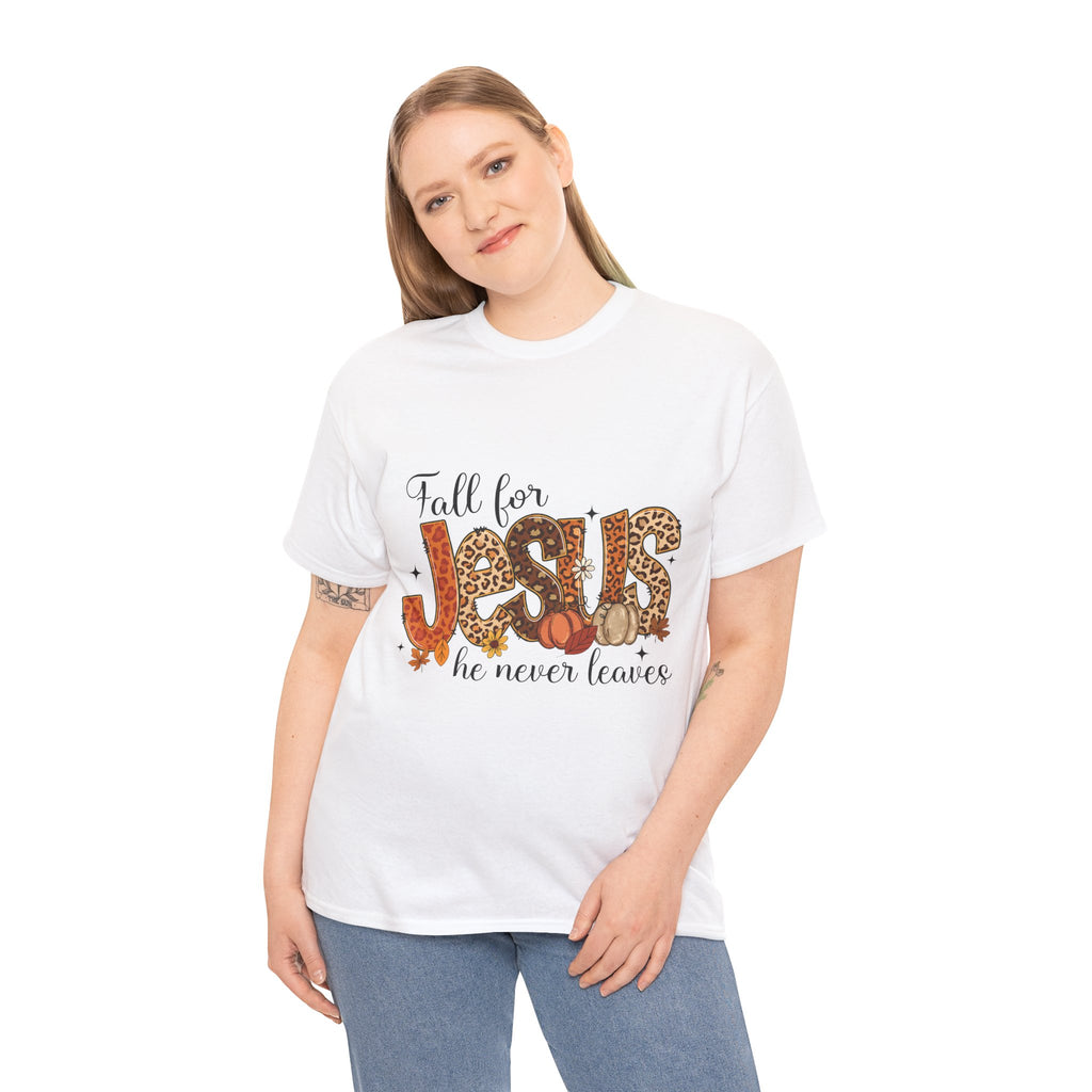JESUS Leopard Print Fall T-Shirt — Pumpkins, Leaves & Floral Christian Unisex Cotton Tee