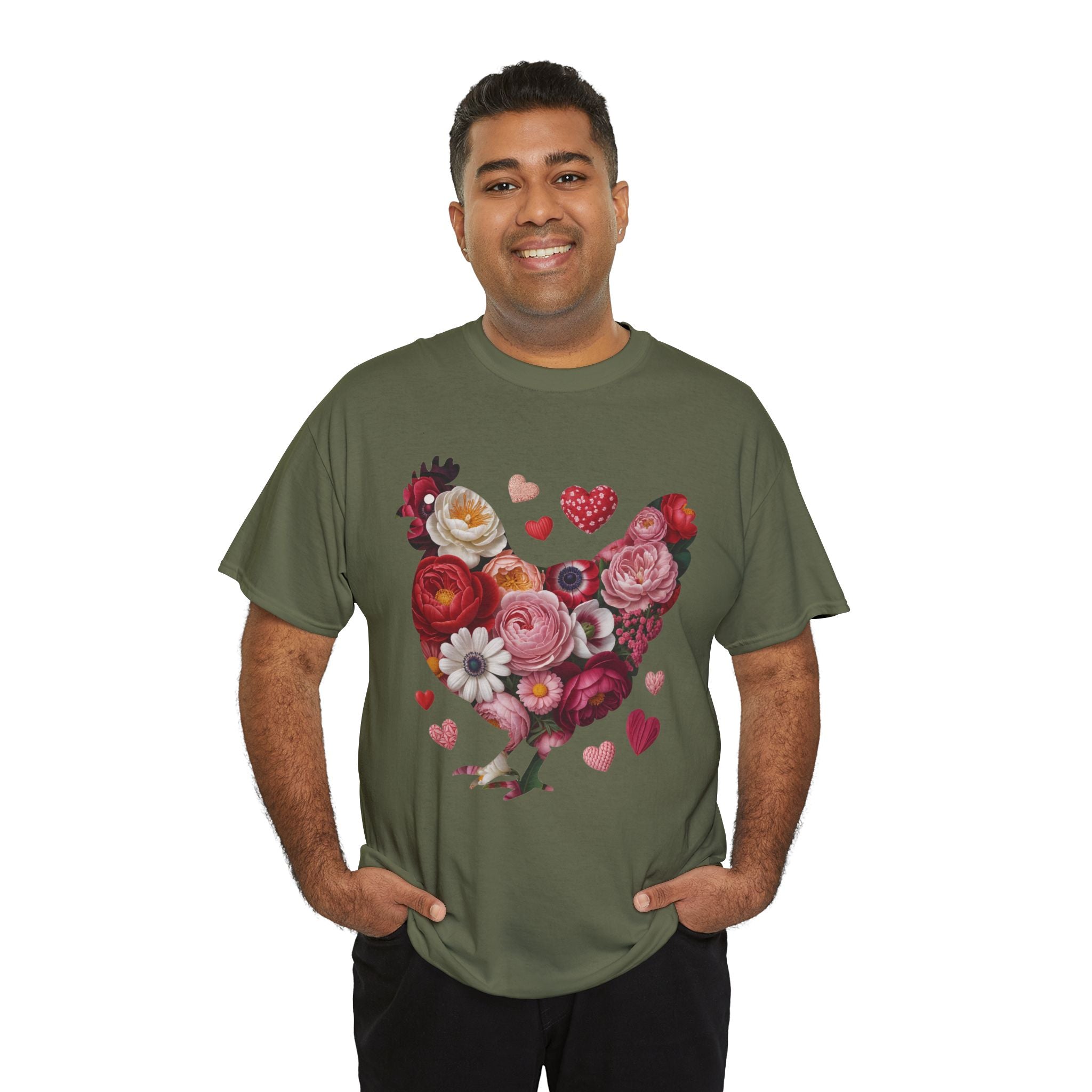 Floral Chicken Heart Tee — Red & Pink Flower Silhouette Unisex Cotton Tee