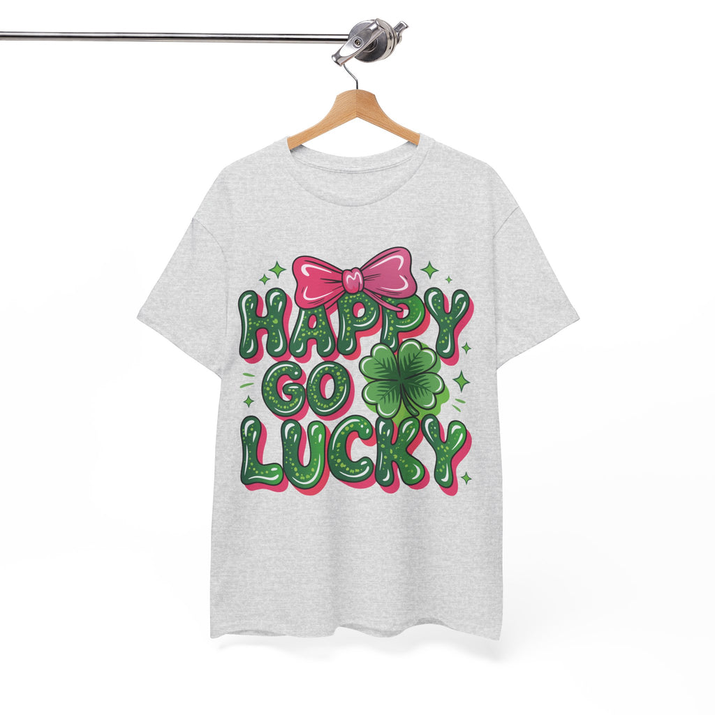 Happy Go Lucky Four-Leaf Clover Tee — Glossy Green Letters & Pink Bow Unisex Cotton Tee