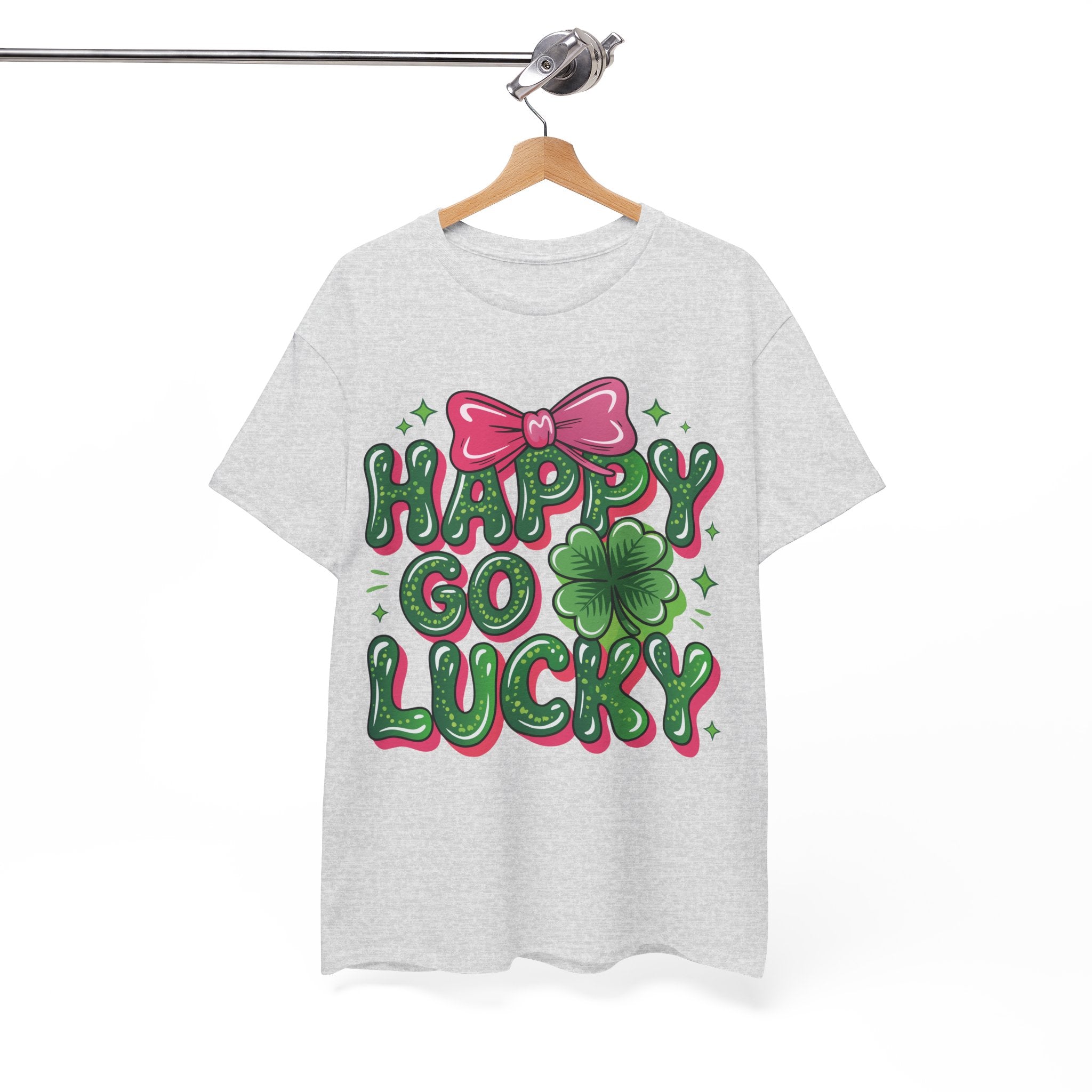 Happy Go Lucky Four-Leaf Clover Tee — Glossy Green Letters & Pink Bow Unisex Cotton Tee