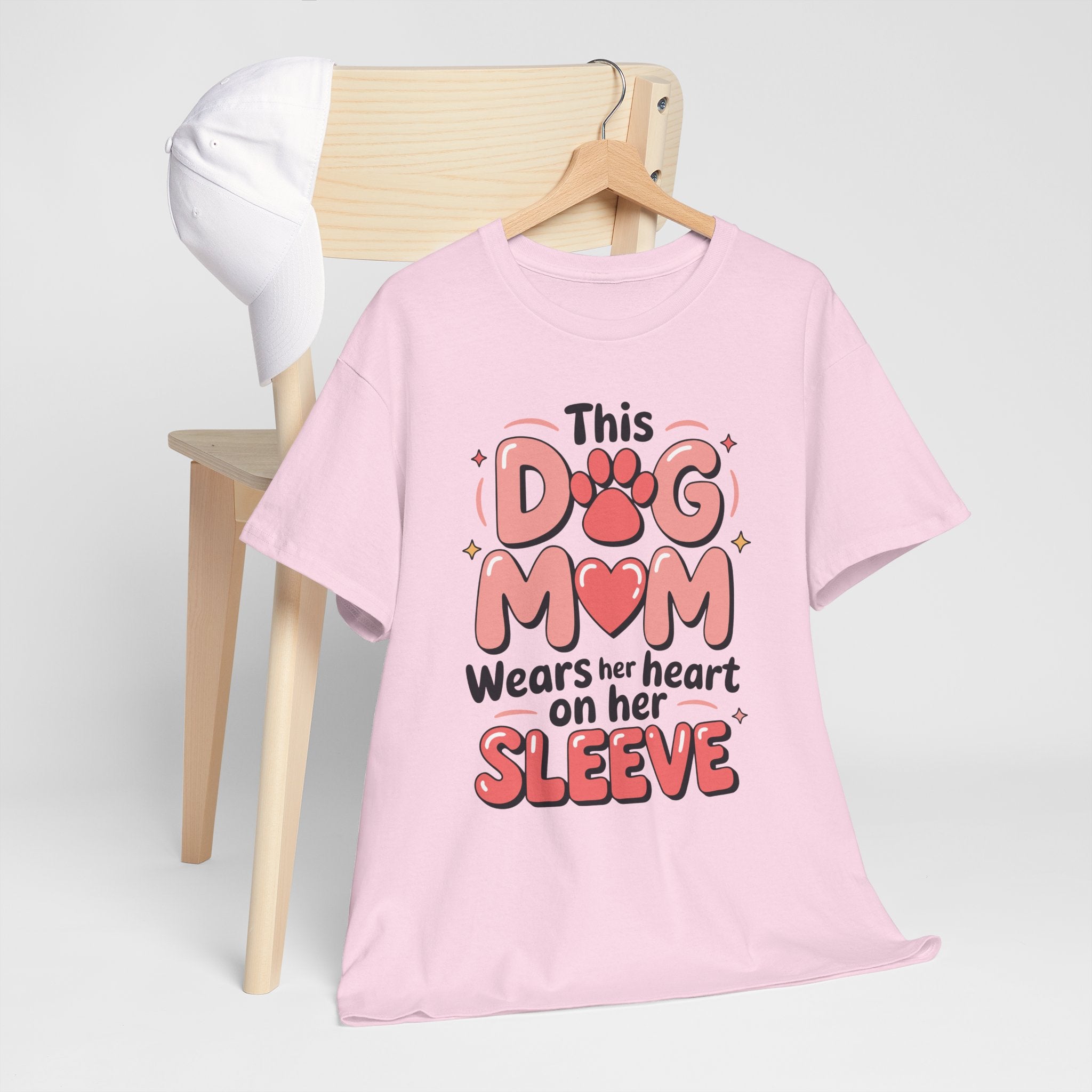 Dog Mom T-Shirt — "This Dog Mom Wears Her Heart on Her Sleeve" Paw & Heart Unisex Cotton Tee