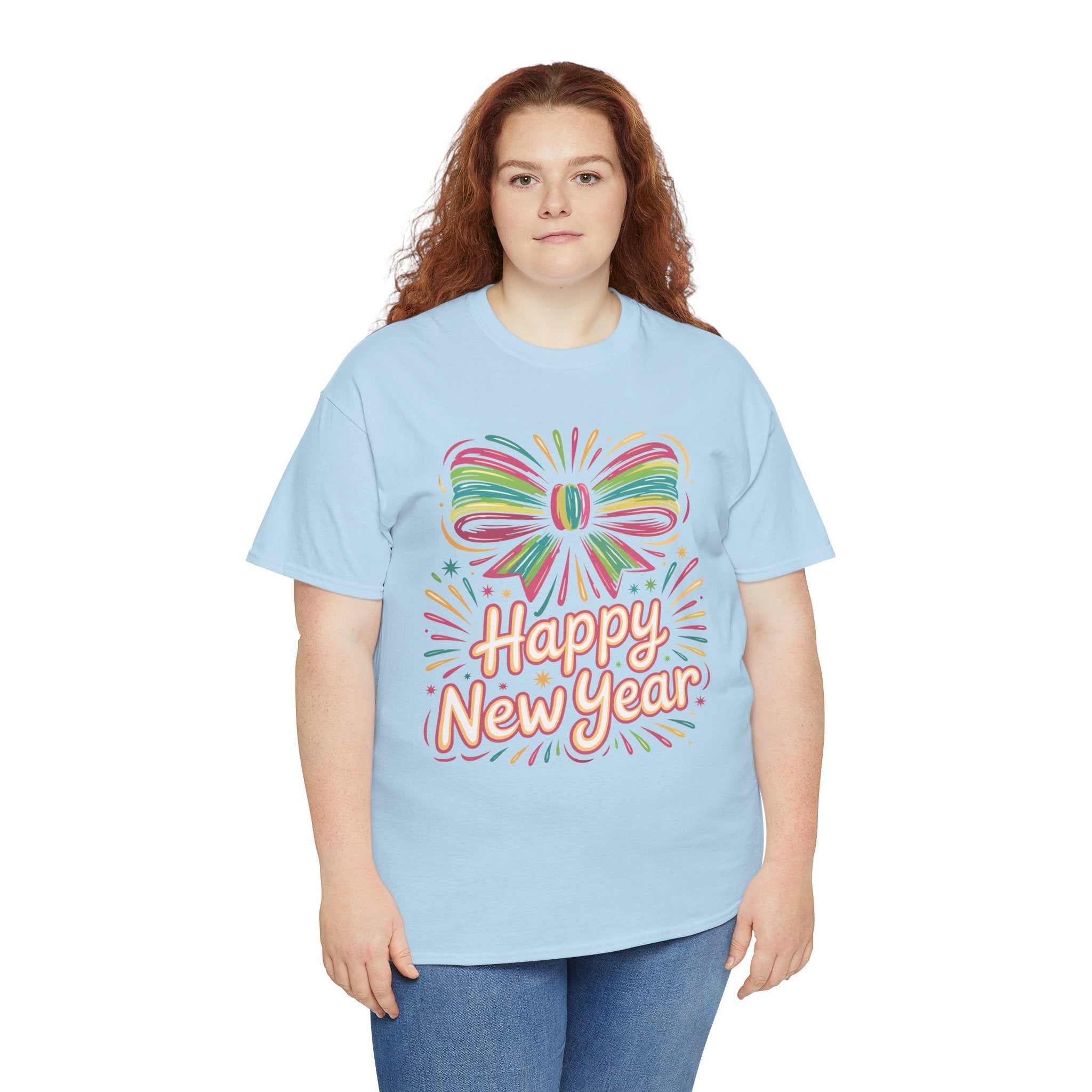 Happy New Year Pastel Tee — Rainbow Bow & Fireworks Celebration Unisex Cotton Tshirt