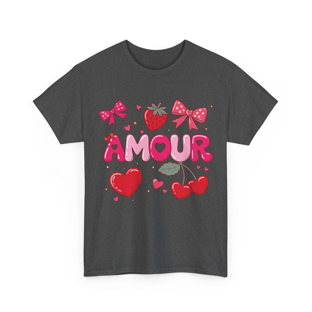 Amour Pink Hearts Tee — Shiny Lettering with Bows, Cherries & Strawberry Accent...Unisex Cotton Tee