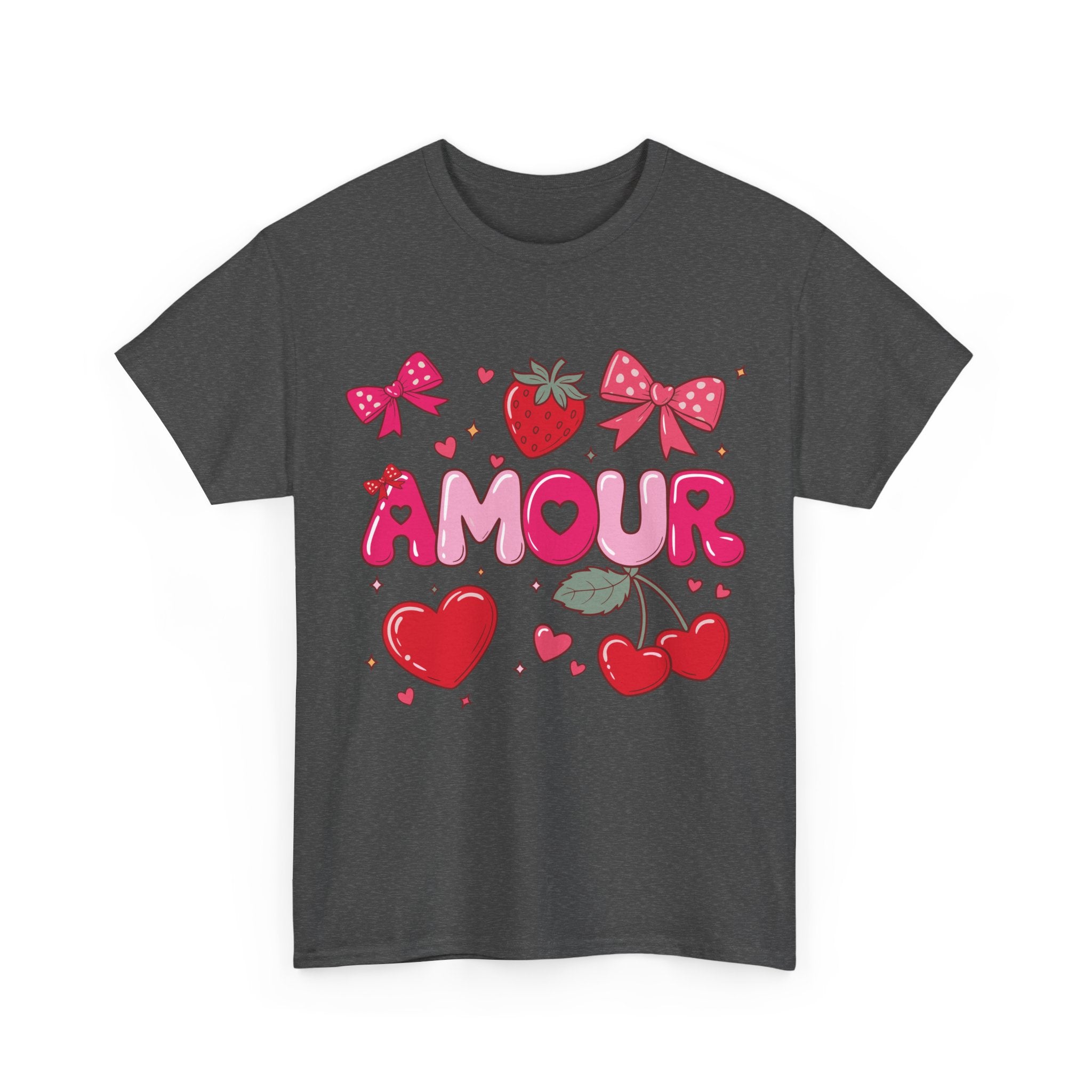 Amour Pink Hearts Tee — Shiny Lettering with Bows, Cherries & Strawberry Accent...Unisex Cotton Tee
