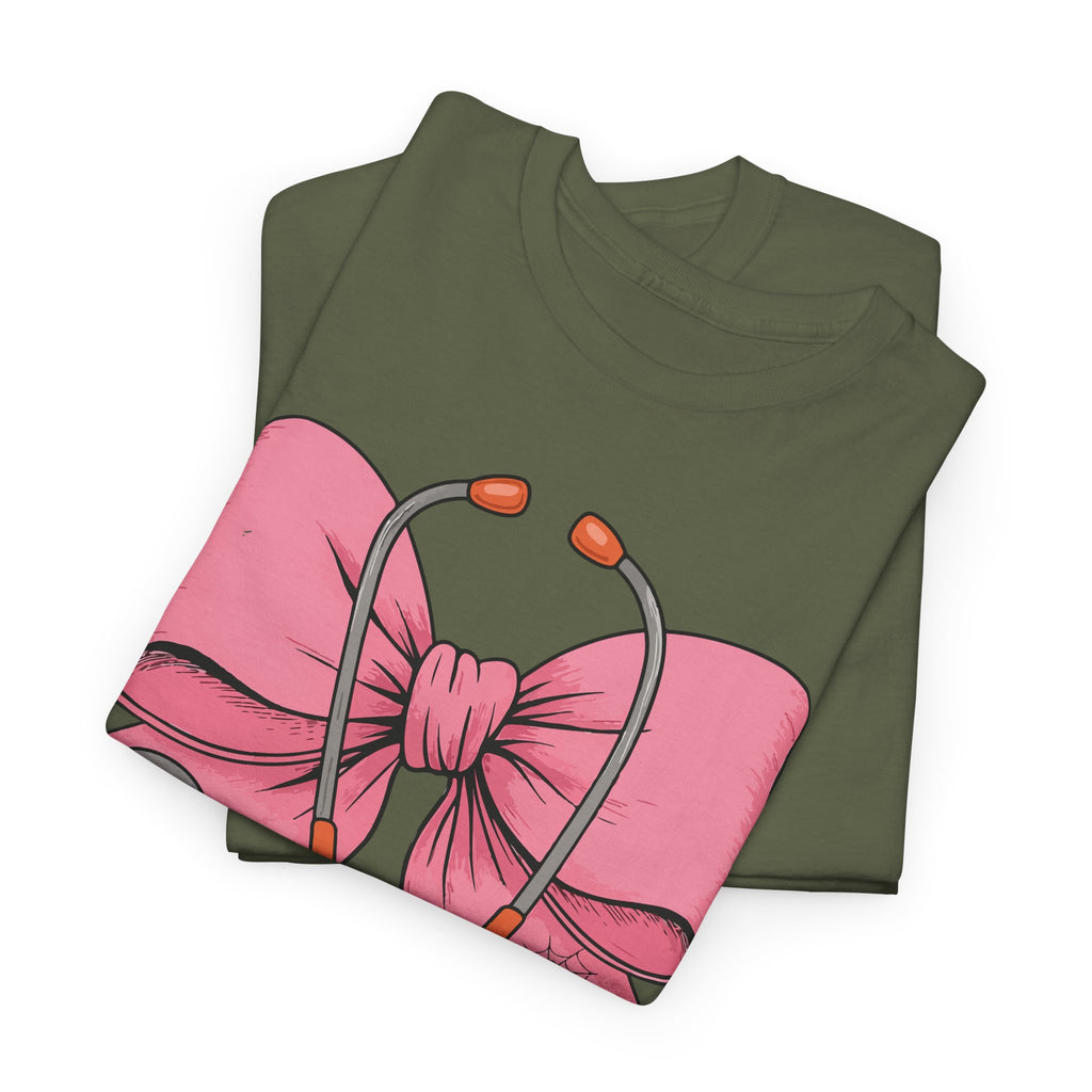 Halloween Nurse T‑Shirt — Pink Nurse Bow with Stethoscope, Syringes & Spider Webs..Unisex Cotton Tee