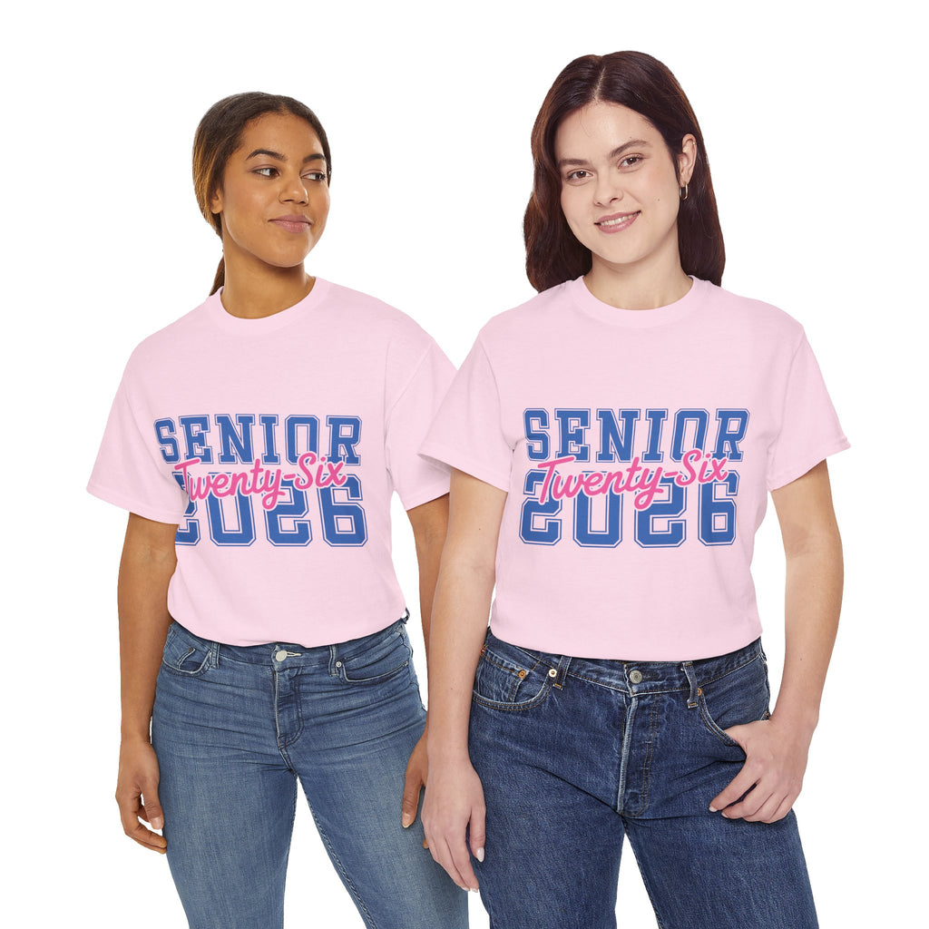 Senior 2026 Tee — Pink Varsity Block with Blue Script Overlay Unisex Cotton Tee