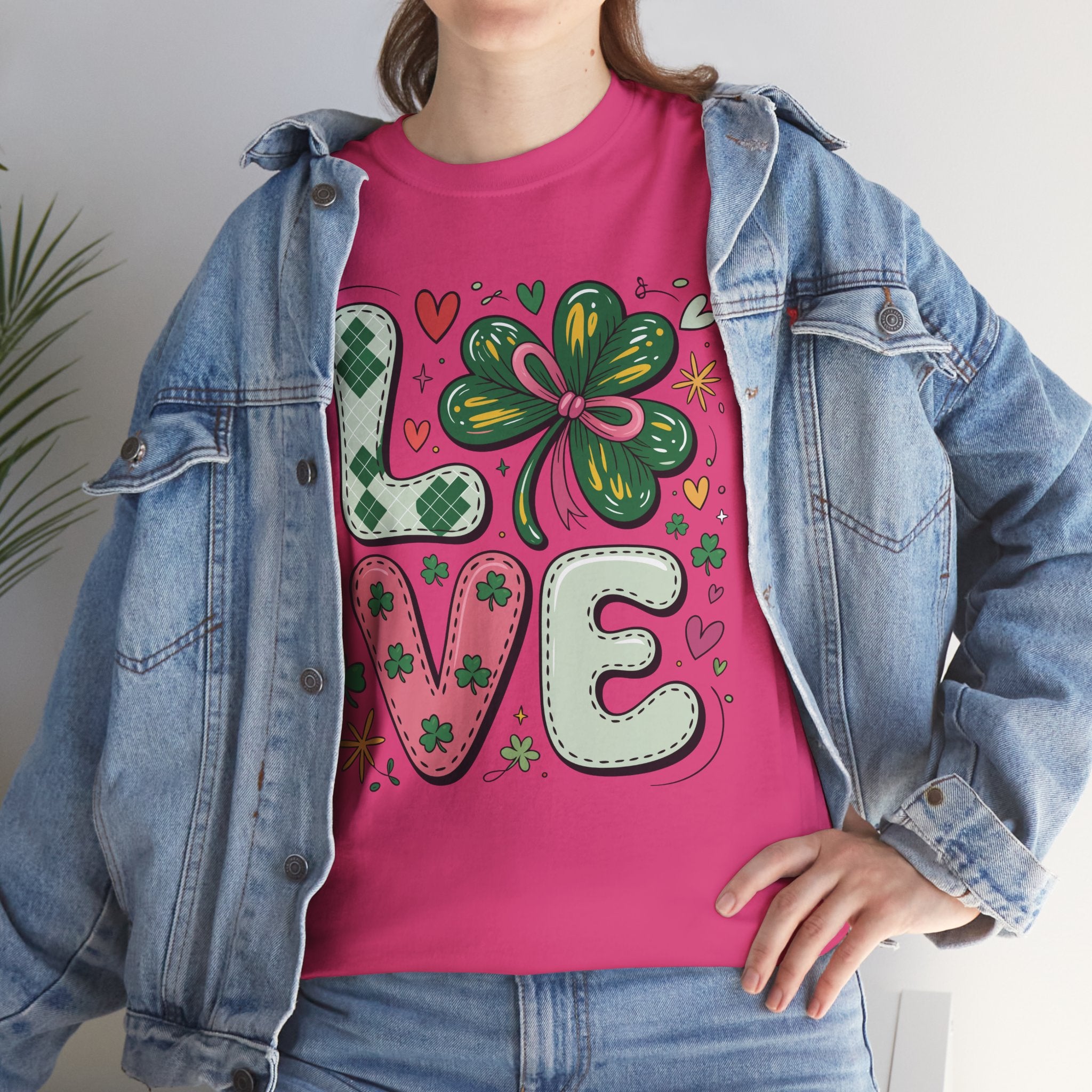 Stitched Clover 'LOVE' Tee — Heart & Patchwork St. Patrick's Unisex Cotton T-Shirt