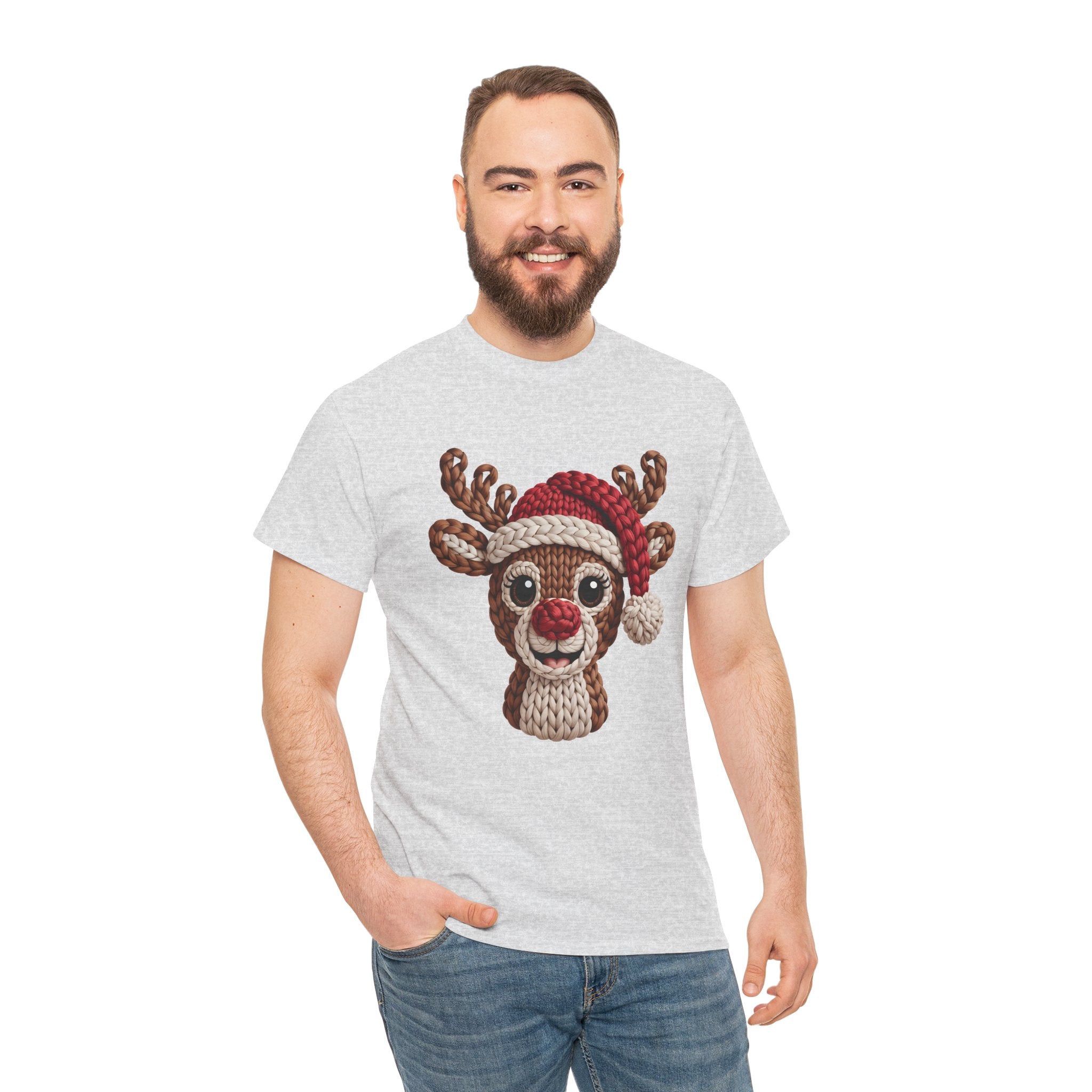 Reindeer in Santa Hat Cotton Tee — Joyful Faux-Yarn Holiday Unisex Coton T-Shirt