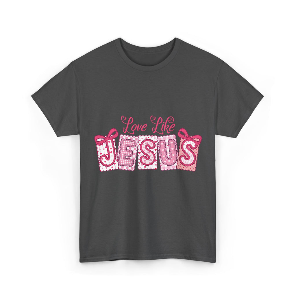 Love Like Jesus Patchwork Tee — Pink Stitched Heart Graphic.Unisex Cotton Tee