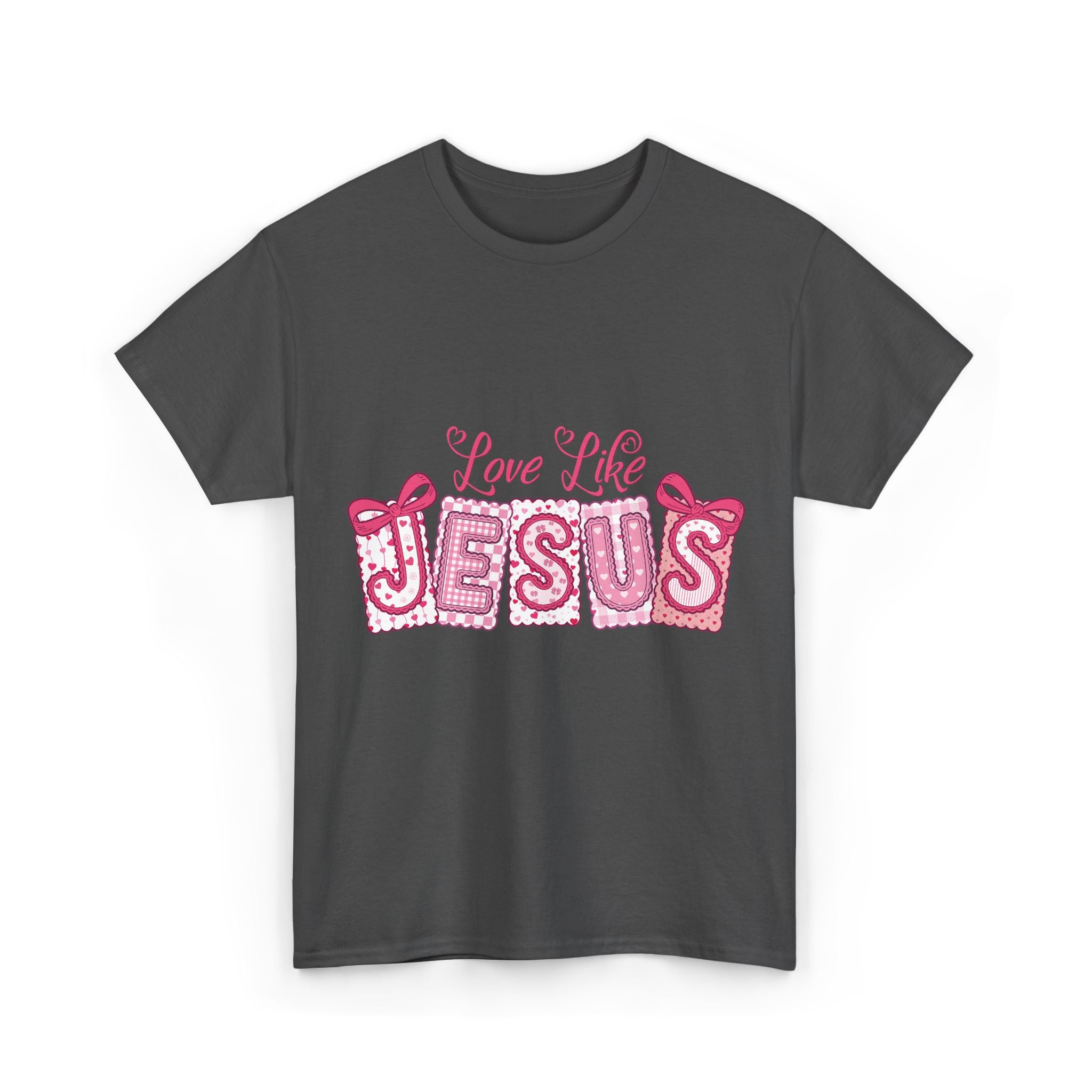 Love Like Jesus Patchwork Tee — Pink Stitched Heart Graphic.Unisex Cotton Tee