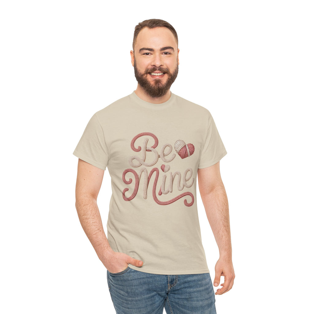 Be Mine Yarn Heart T-Shirt — Valentine’s Faux-Yarn Pink & Cream Unisex Cotton Tee