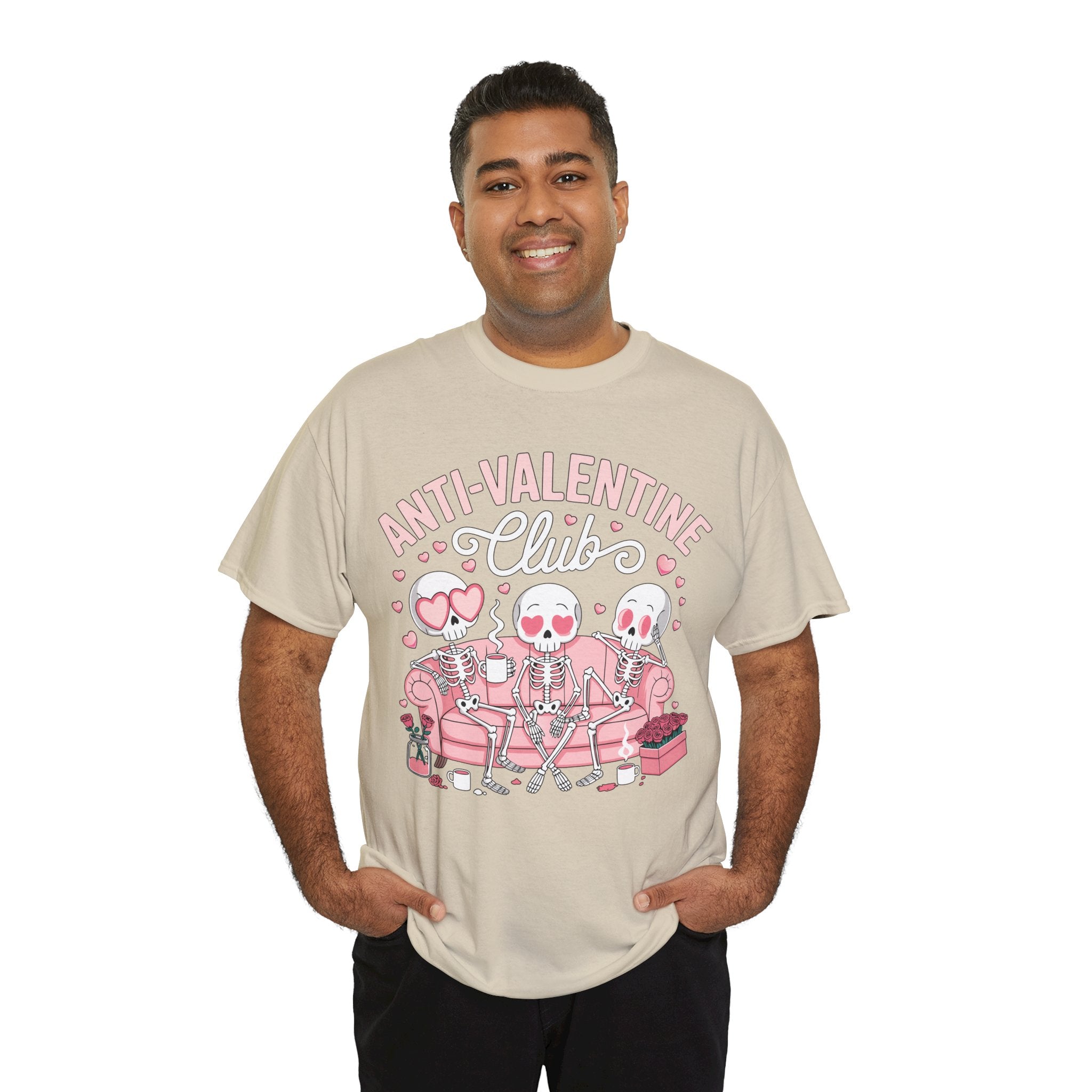 Anti-Valentine Club Skeleton Tee — Anti-Romance Pink Couch Graphic Unisex Cotton T-Shirt