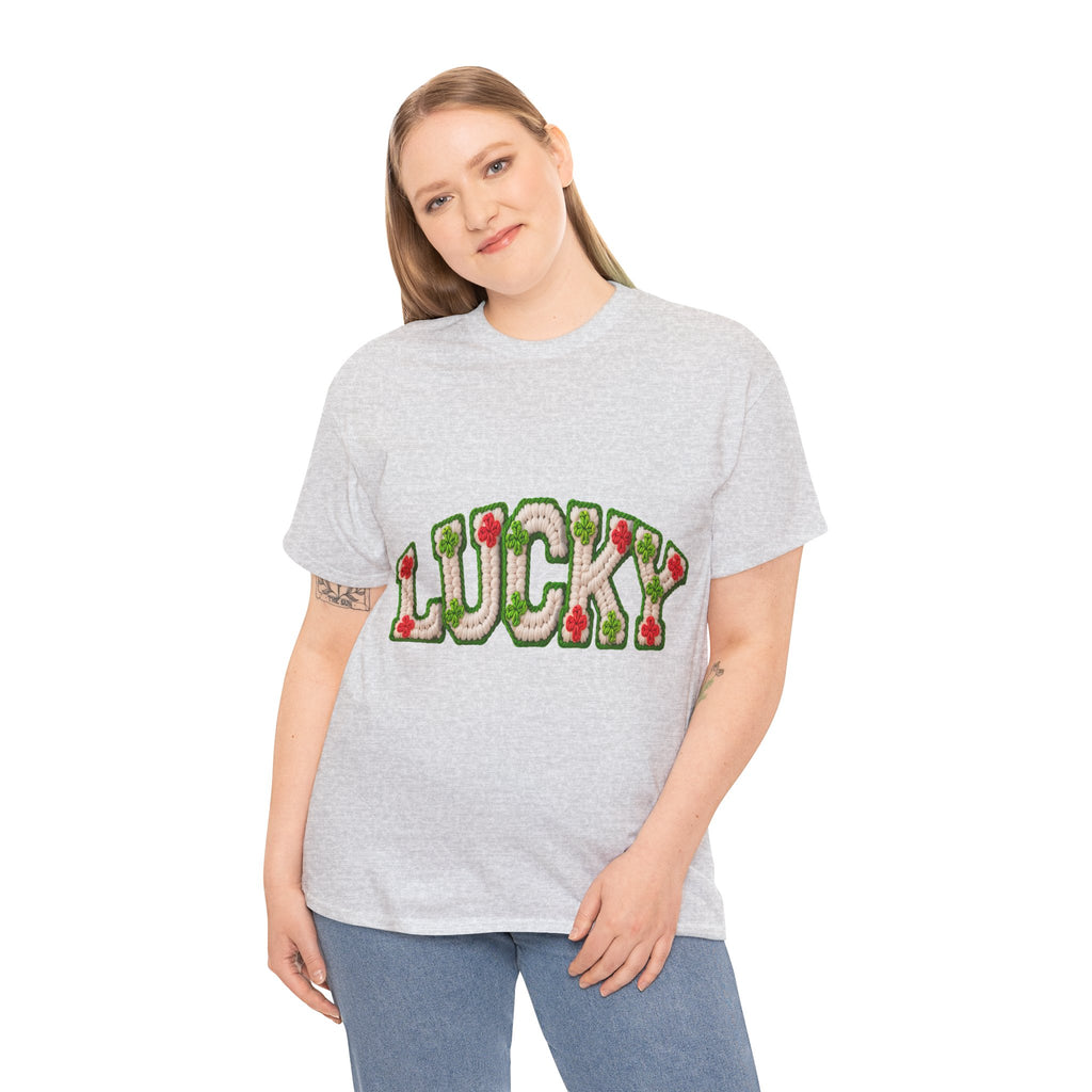 Lucky Crochet Clover T-Shirt — Faux-Yarn Embroidered St. Patrick’s Unisex Cotton Tee