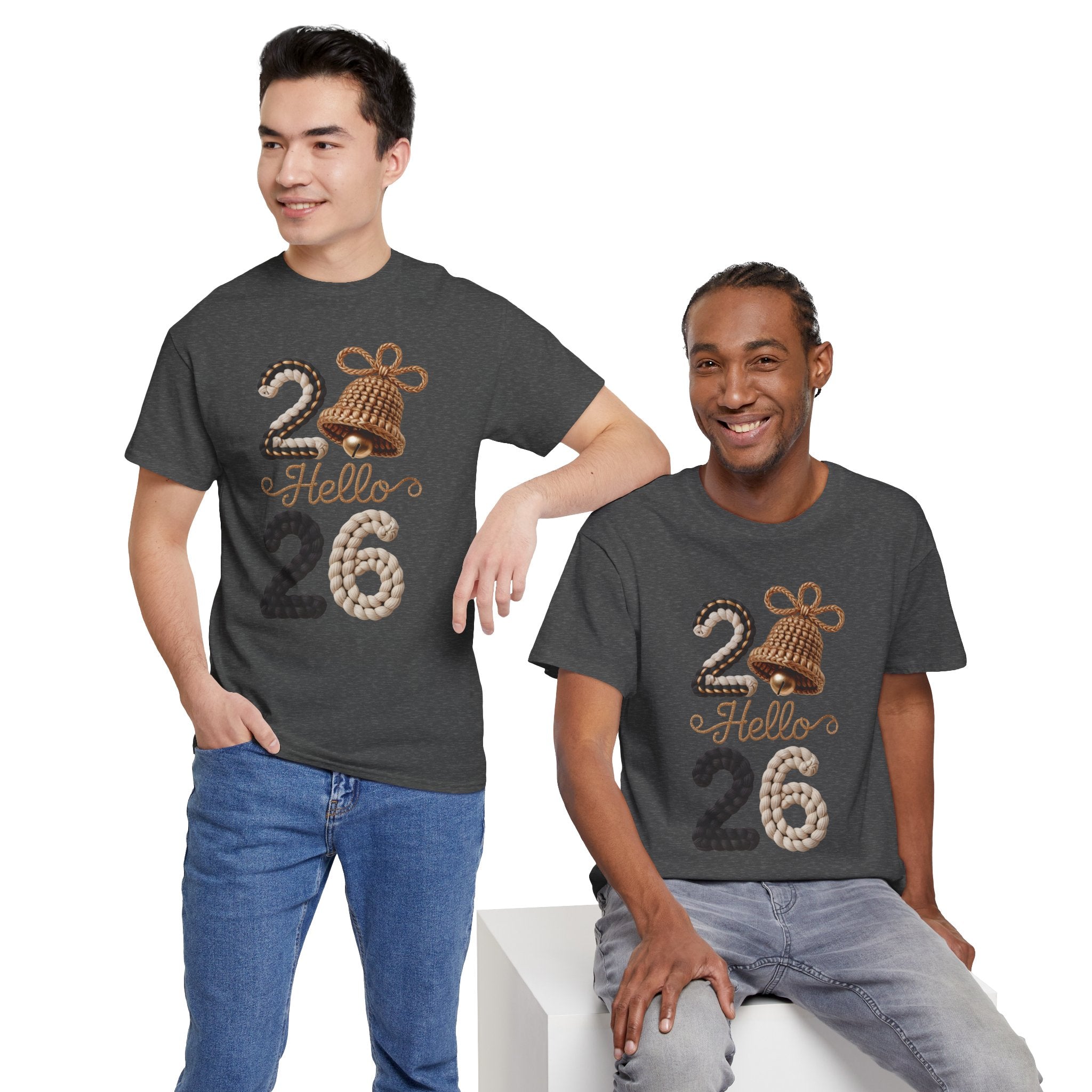 Hello 2026 Tee — Cozy Faux Yarn Braided Numbers with Woven Golden Bell..Unisex Cotton Tee