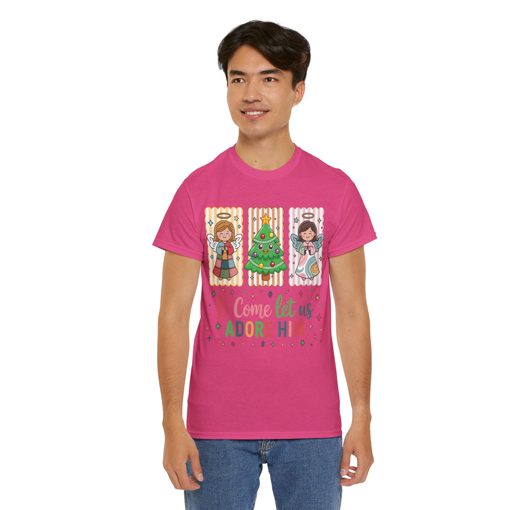 O Come Let Us Adore Him Christmas Tee — Smiling Angels & Happy Tree..Unisex Cotton Tee
