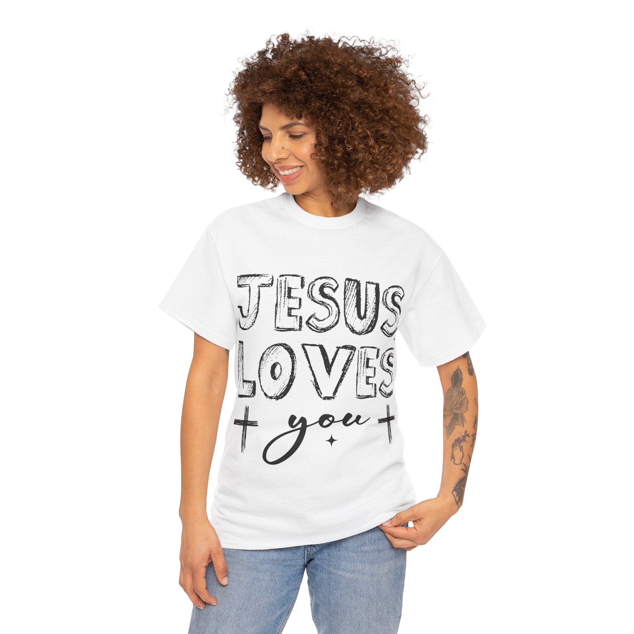 Jesus Loves You Chalk-Style Tee — Crosses & Stars Christian UNisex Cotton T-Shirt