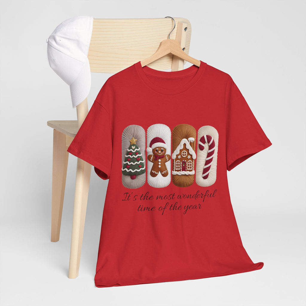 Christmas Faux-Yarn Tree Tee — Gingerbread House & Candy Cane Holiday Unisex Cotton T-Shirt