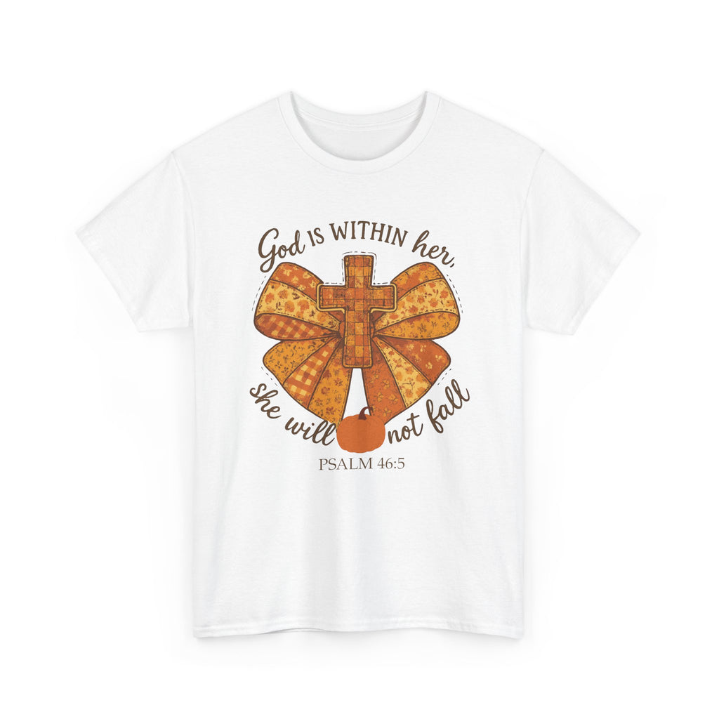 Psalm 46:5 Cross Patchwork Tee — Fall Bow Christian Unisex Cotton T-Shirt
